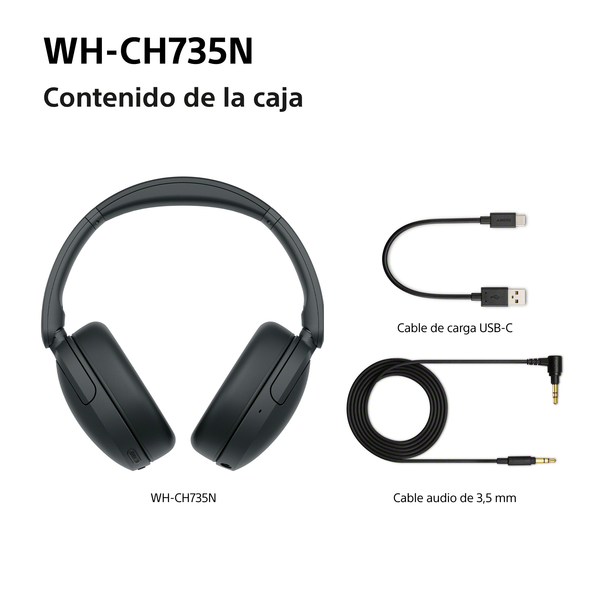 Contenido de la caja WH-CH735N, cable carga USB-C y Cable audio 3.5mm.