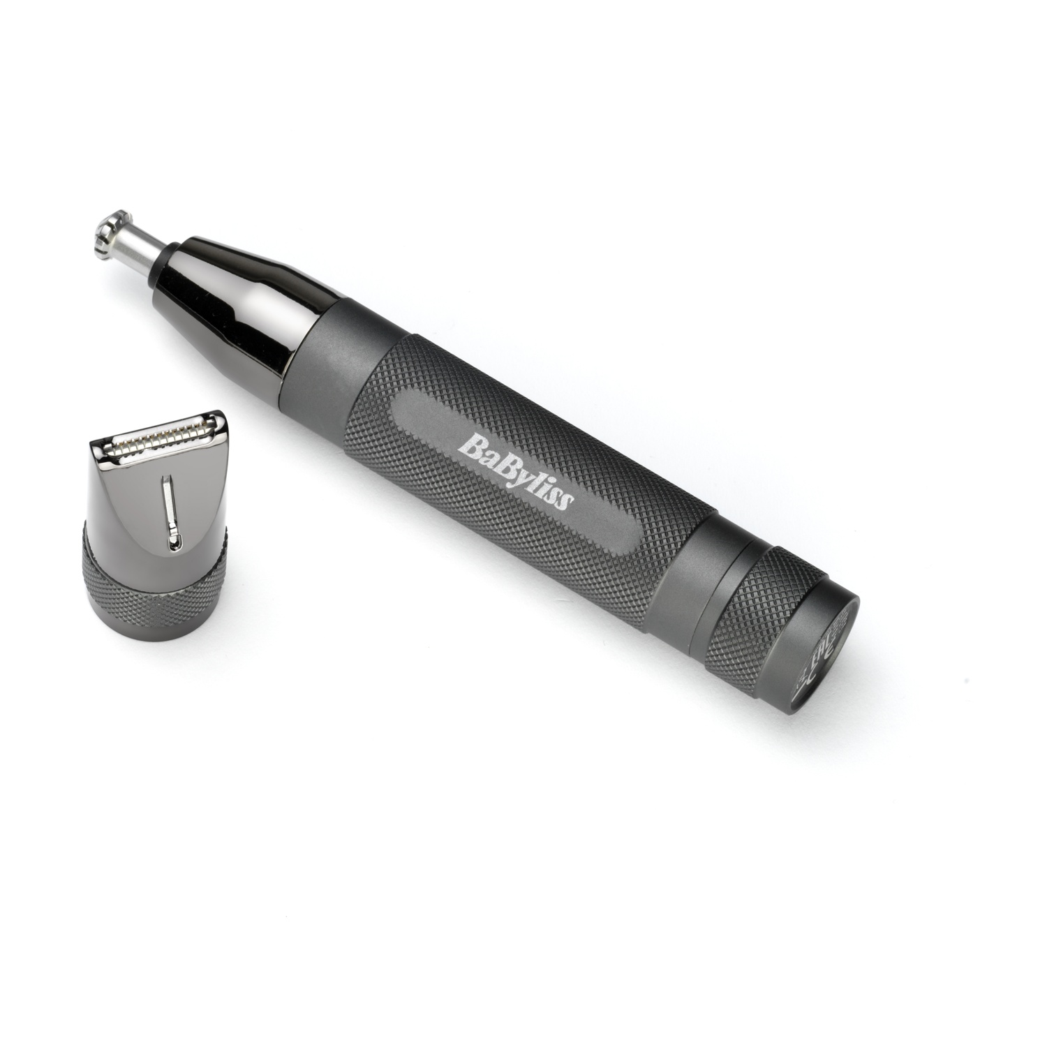 Un trimmer per naso e orecchie BaByliss nero con impugnatura zigrinata e testina intercambiabile su sfondo bianco.