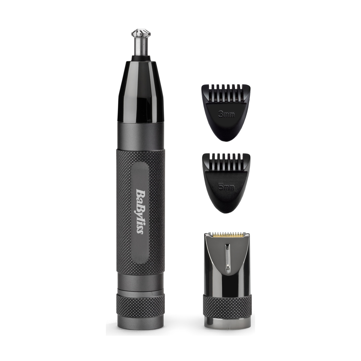 Trimmer per peli del naso Babyliss grigio con due pettini (3mm, 5mm) e una testina di taglio su sfondo bianco.