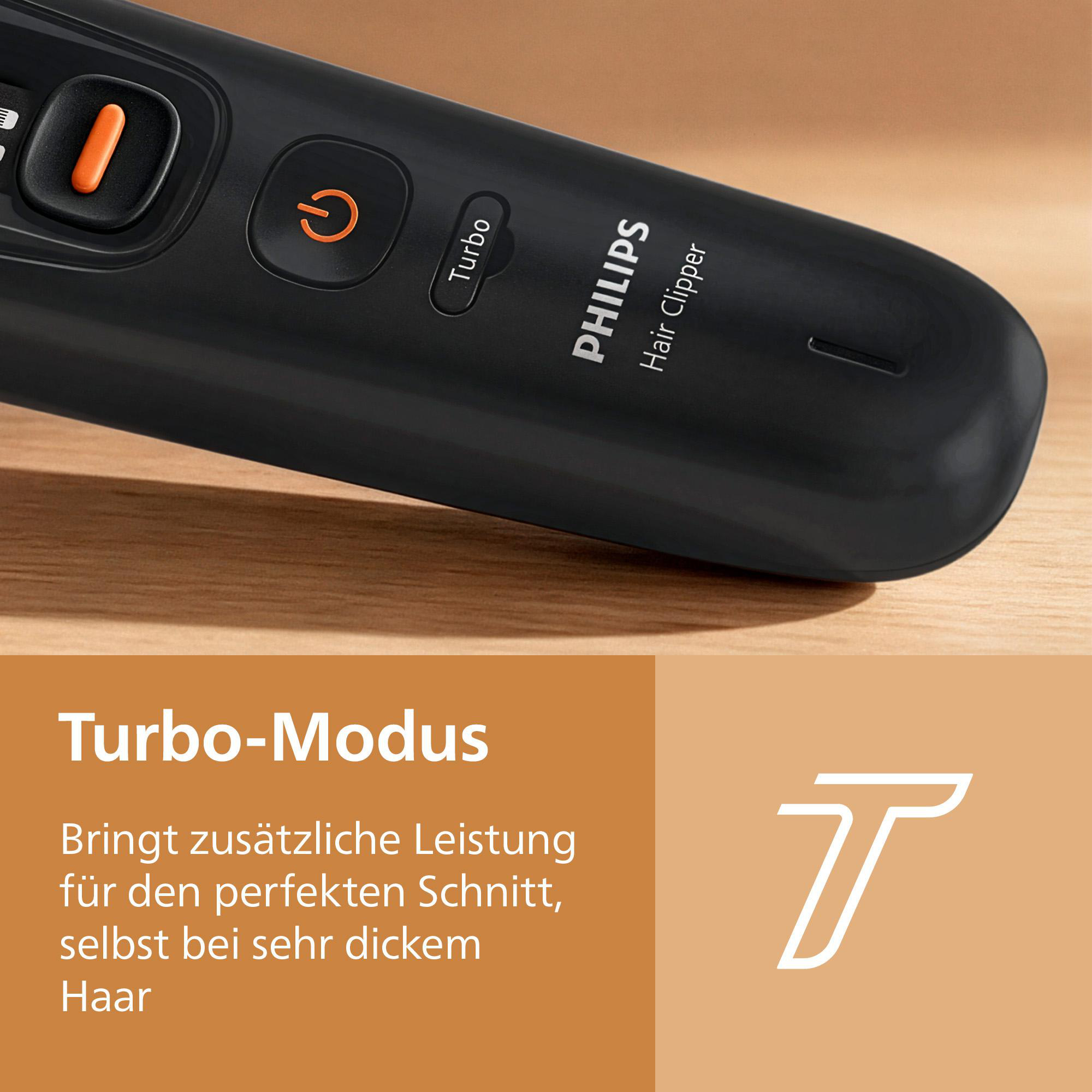 Schwarzer Philips Haarschneider auf Holzuntergrund mit Turbo-Modus Text und weißem T-Symbol.