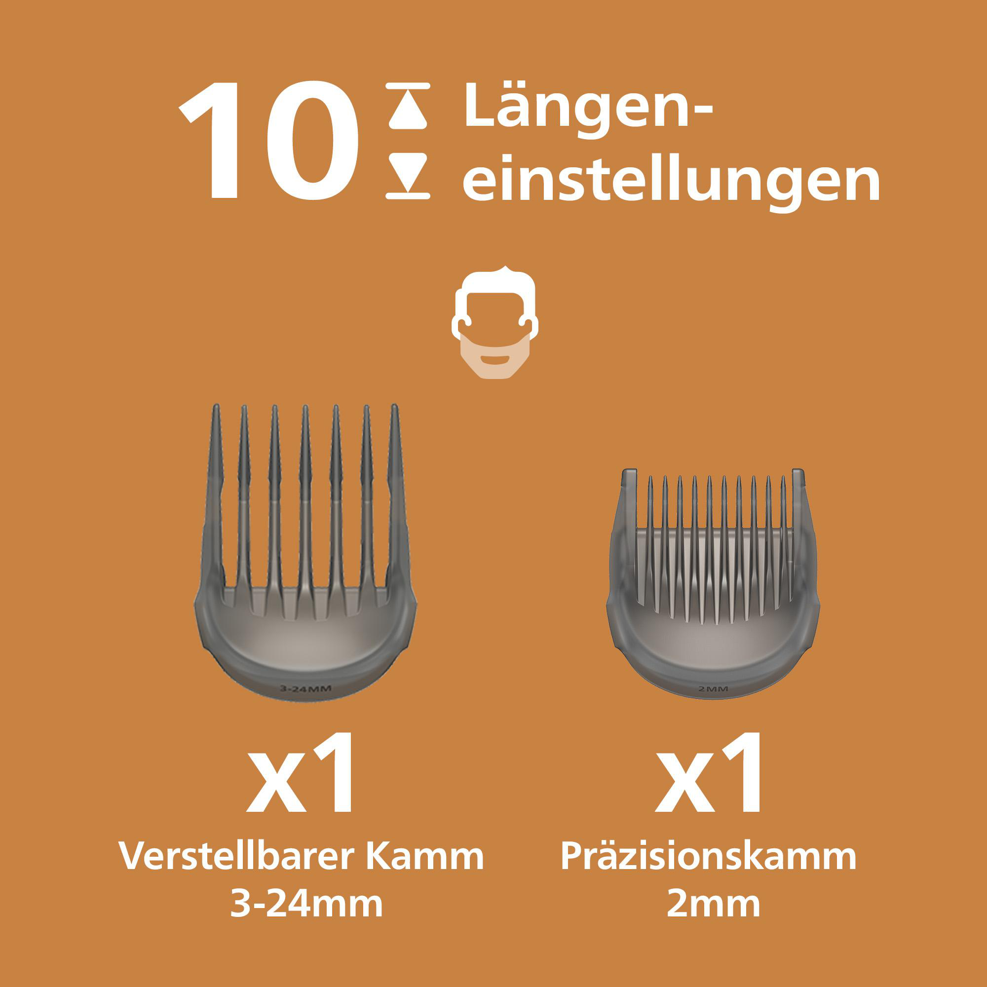 10 Längeneinstellungen mit verstellbarem Kamm 3-24 mm und Präzisionskamm 2 mm.