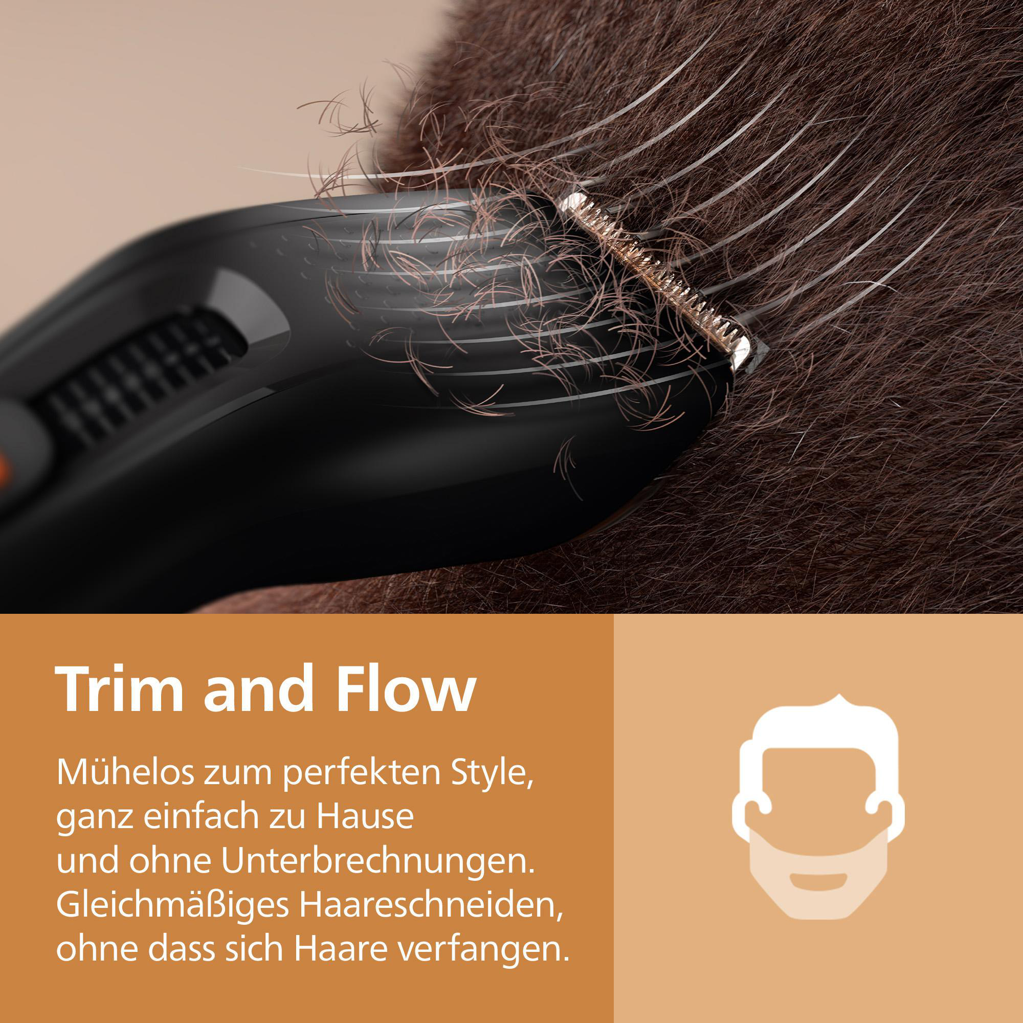 Ein Haarschneider trimmt braunes Haar, darunter deutscher Werbetext mit dem Titel Trim and Flow.