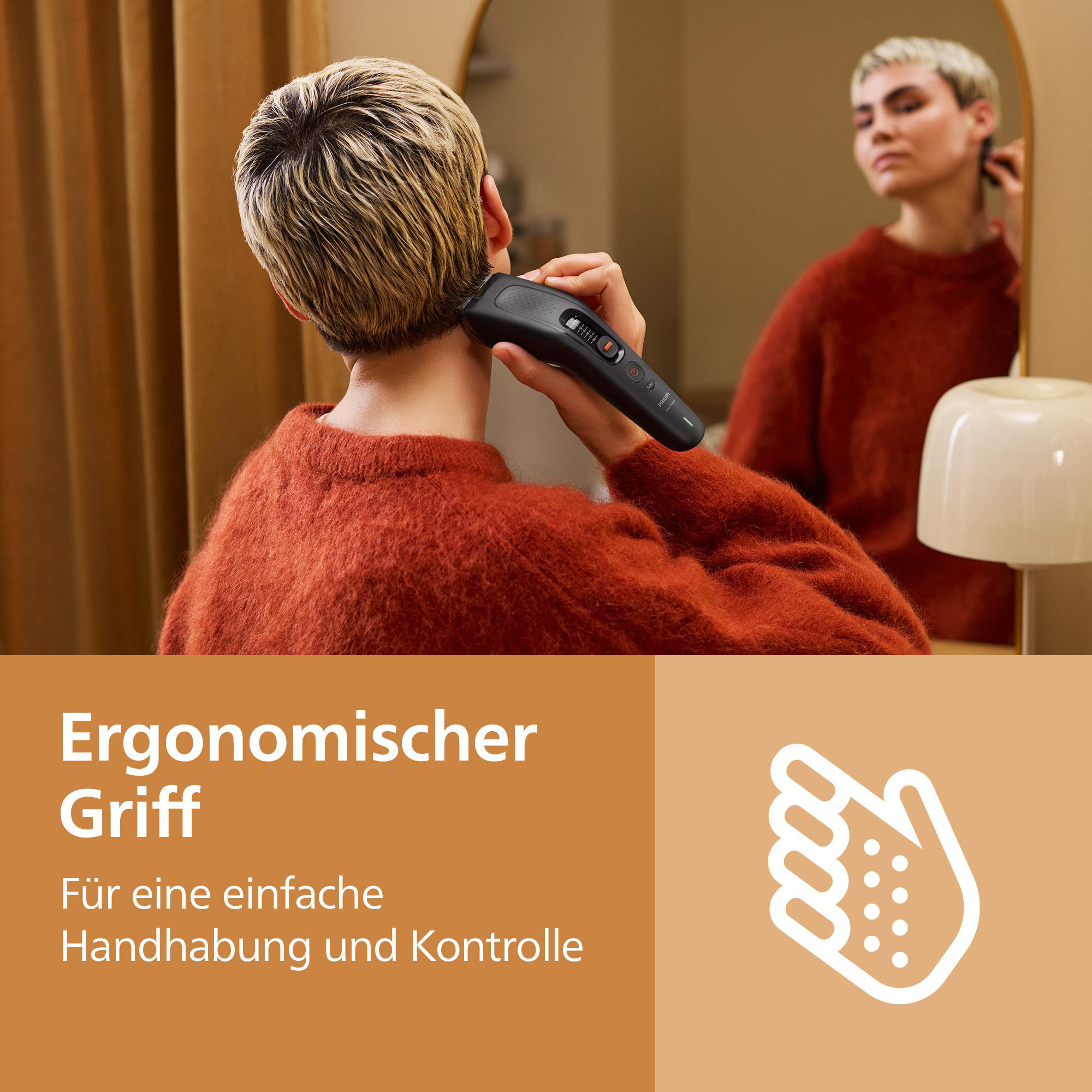 Eine Person schneidet sich mit einem Philips Haarschneider die Nackenhaare. Unten Text auf braunem Grund.