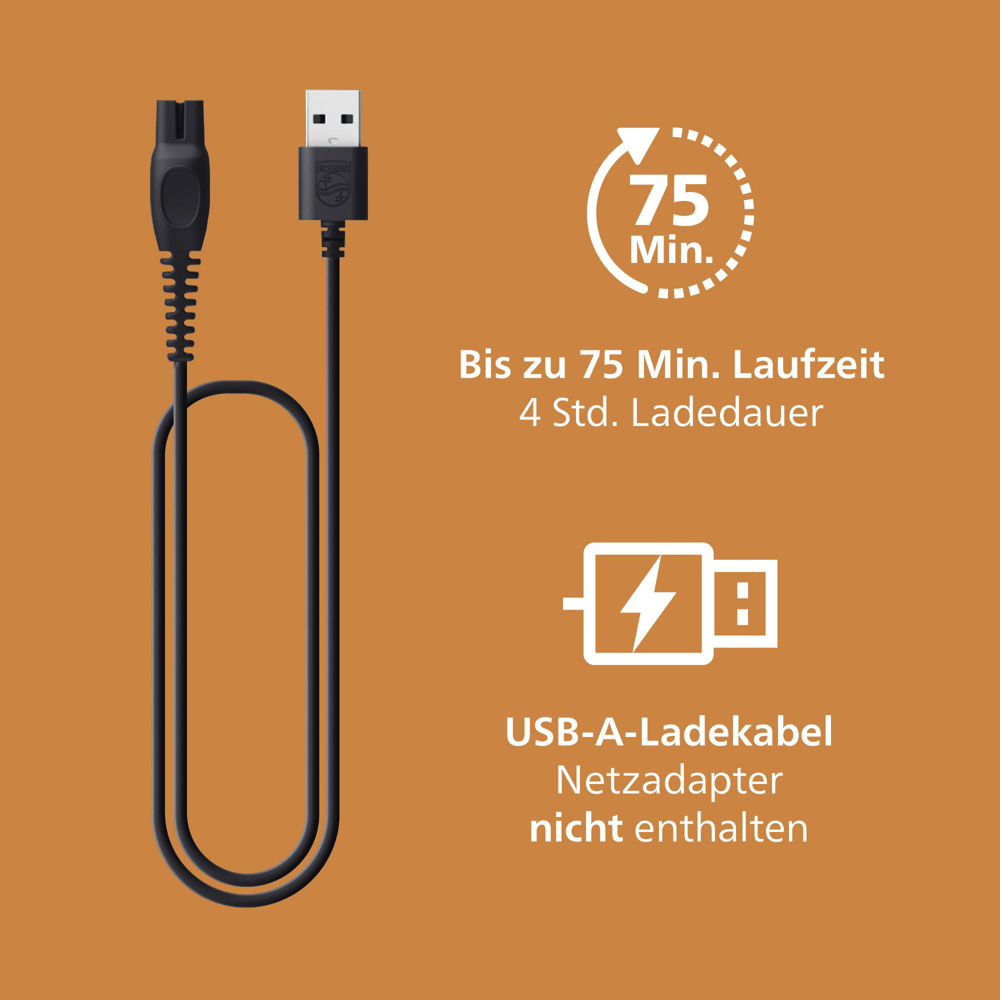 Ein schwarzes USB-A-Ladekabel mit 75 Min. Laufzeit und 4 Std. Ladedauer vor braunem Hintergrund.