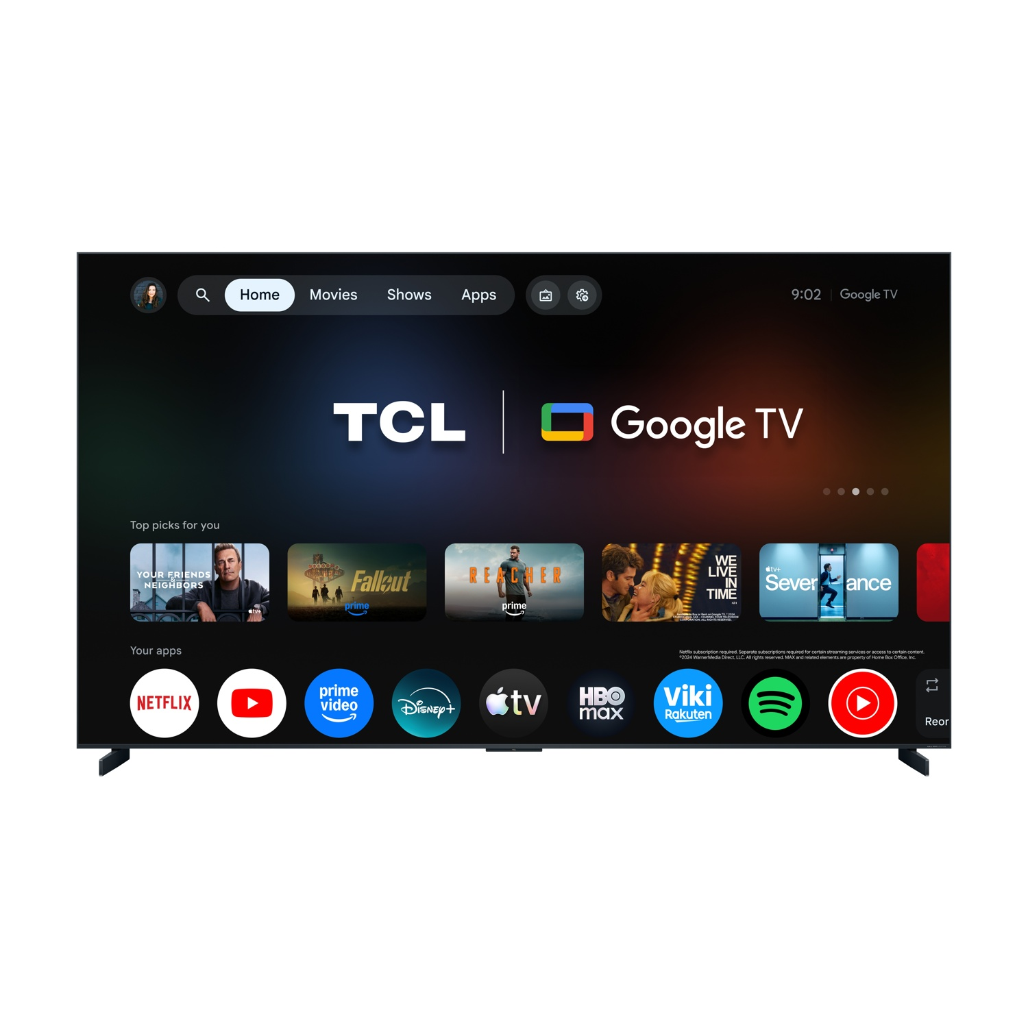 La schermata iniziale di un TCL Google TV mostra icone di app e spettacoli consigliati.