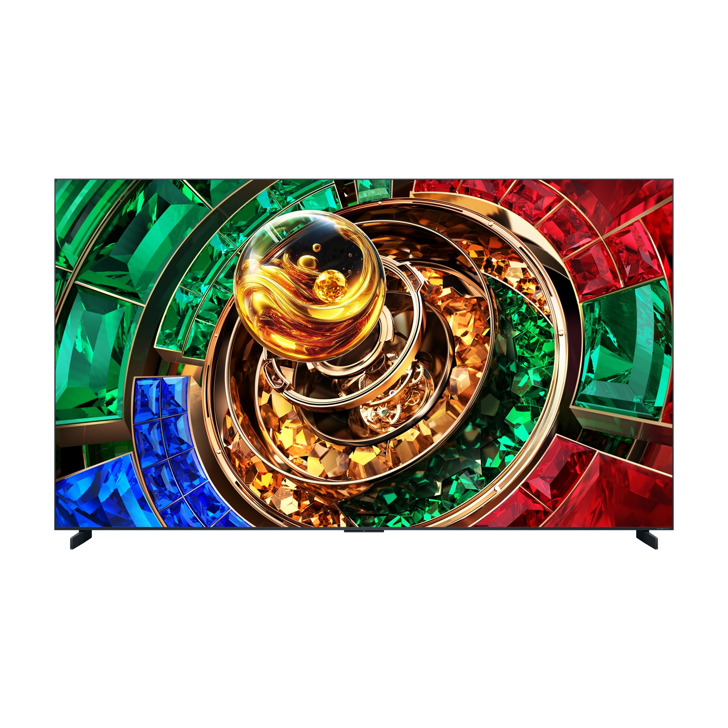 Un televisore mostra un design astratto colorato con sfere dorate, ingranaggi e cristalli rossi, verdi e blu.