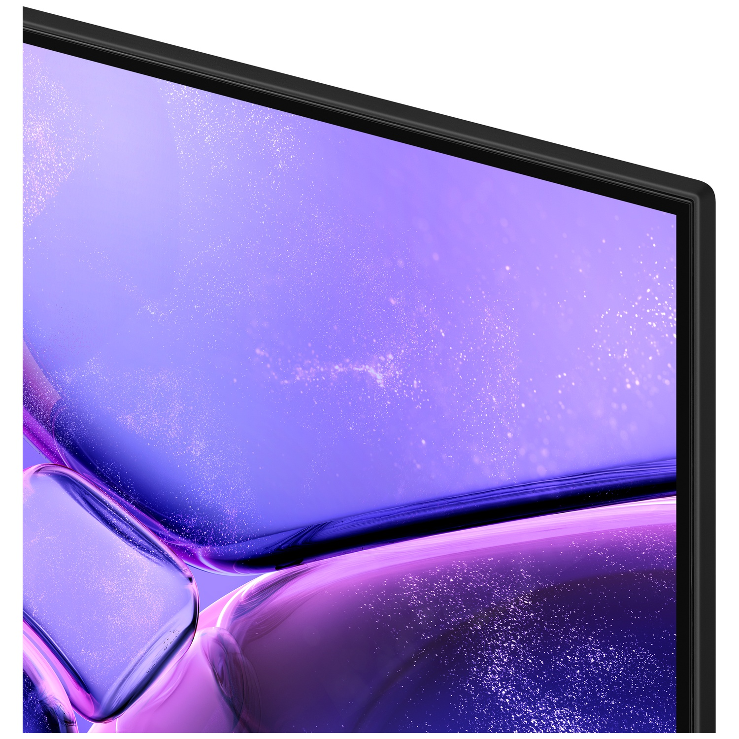 Close-up van een modern tv-scherm met een abstract paarse achtergrond.