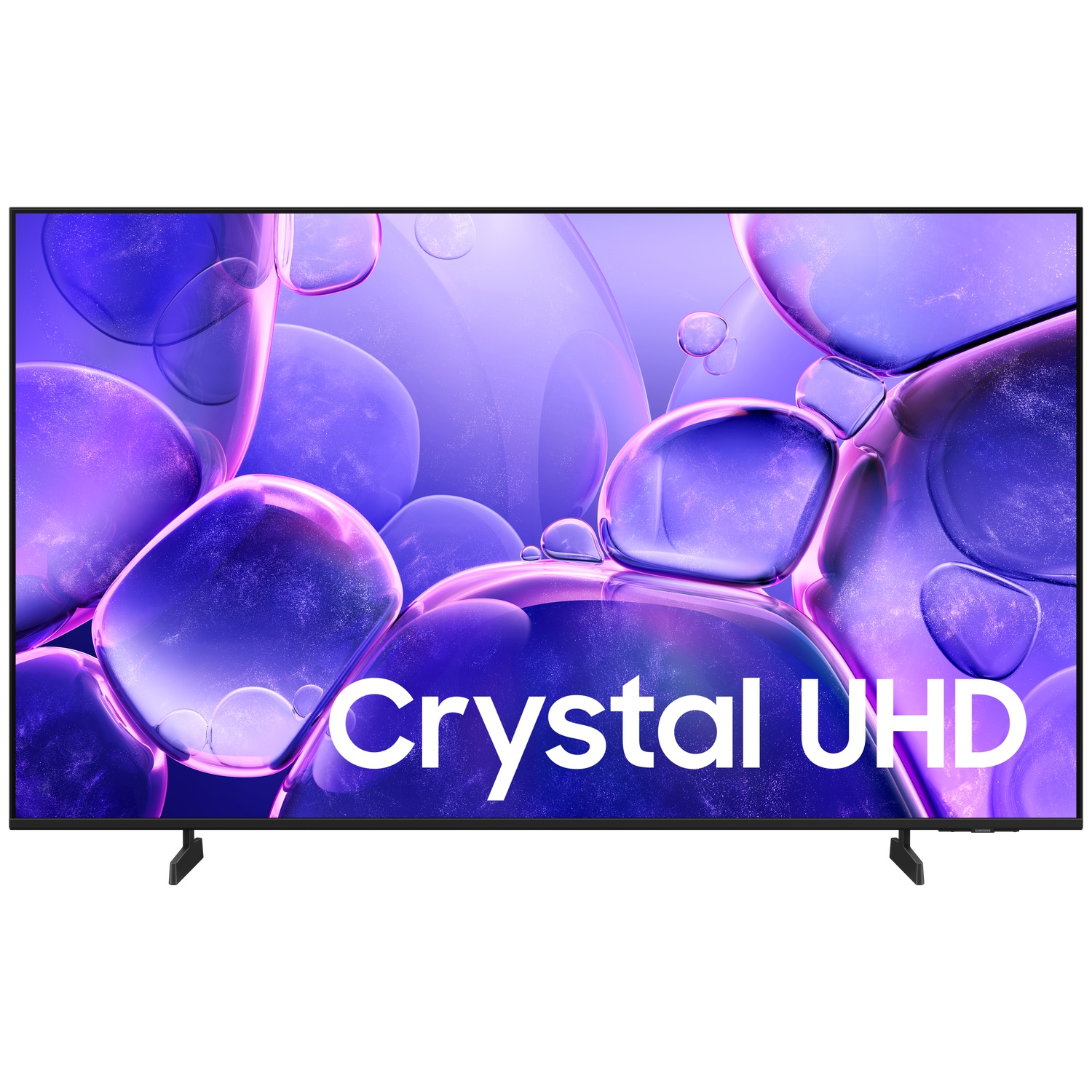 Een flatscreen-tv toont paarse bubbels met de tekst Crystal UHD op een witte achtergrond.