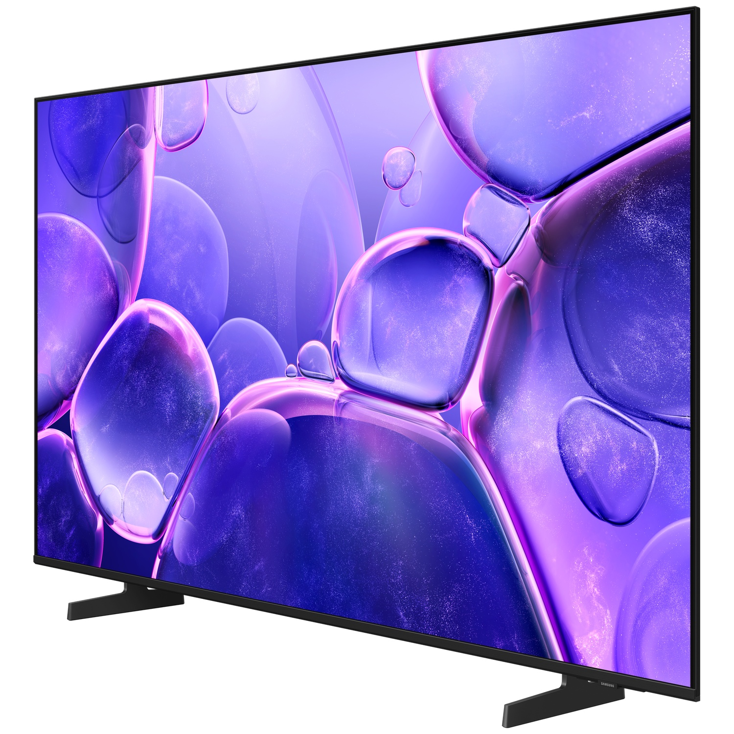 Flatscreen-tv met dunne rand en paarse bubbel-achtergrond, op kleine zwarte voetjes.