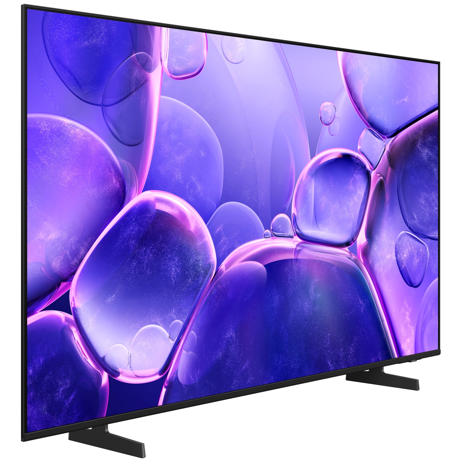 Een strakke tv toont een kleurrijk, abtract patroon van paarse bubbels op het scherm.