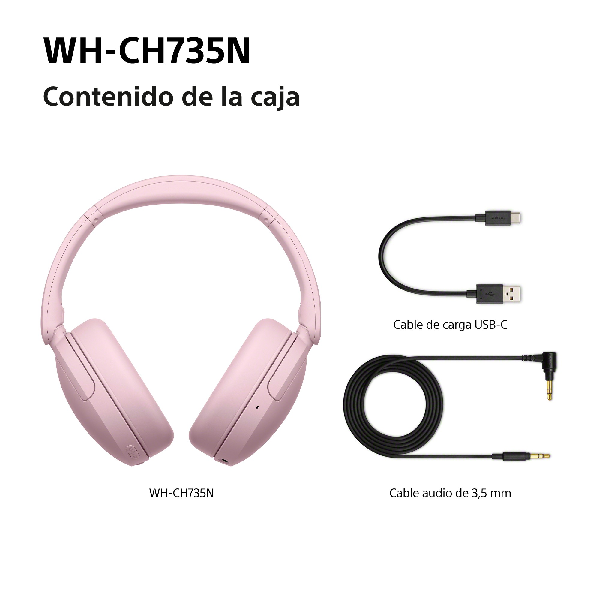 Contenido de la caja WH-CH735N, cable carga USB-C y Cable audio 3.5mm.