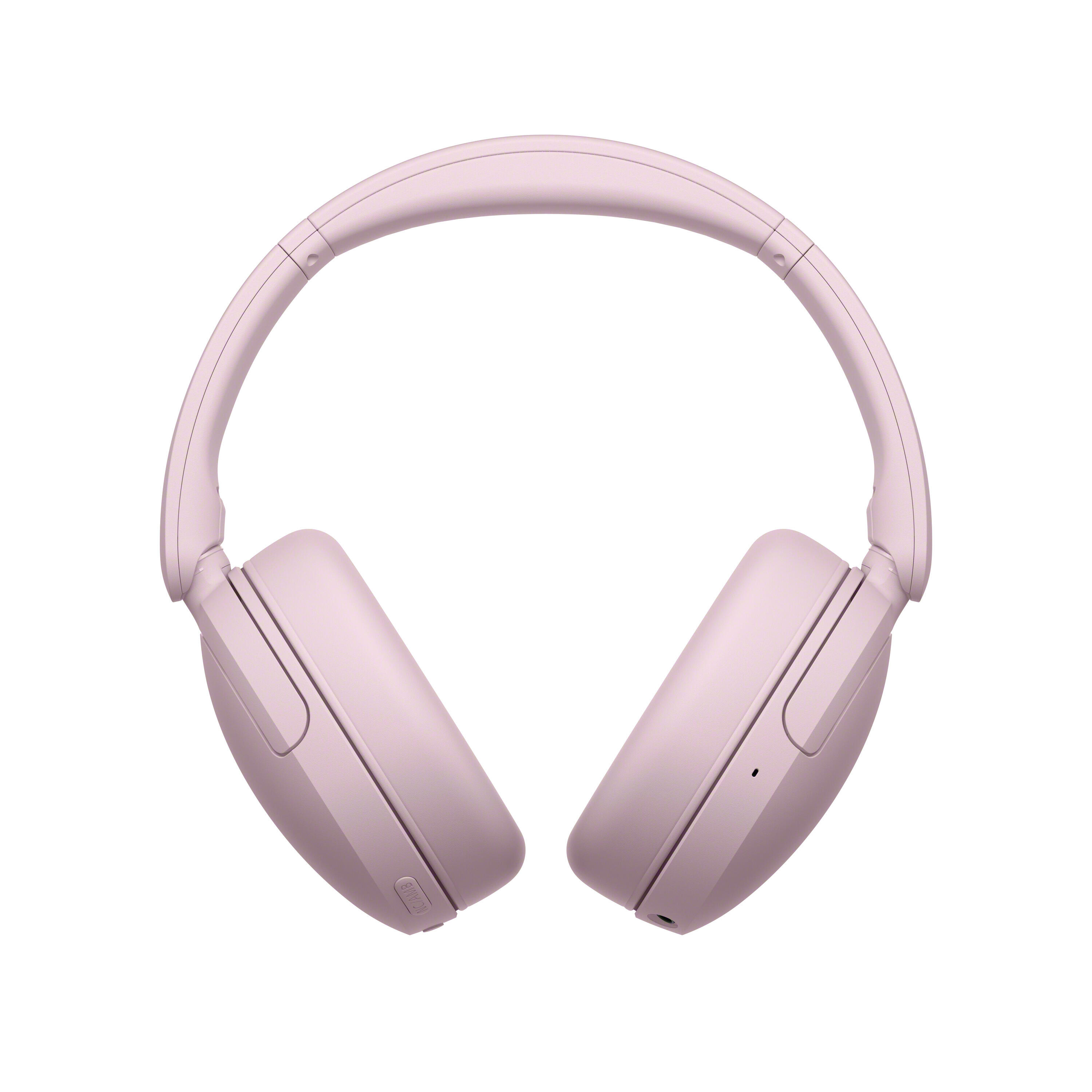 Un par de auriculares supraurales de color rosa sobre fondo blanco.