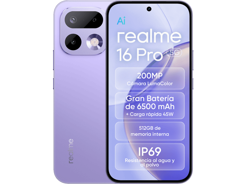 realme 16 Pro, Purple, 512 GB, 8 GB RAM, 6.78" AMOLED de 144Hz, Dimensity 7300-Max 5G, 6.500 mAh