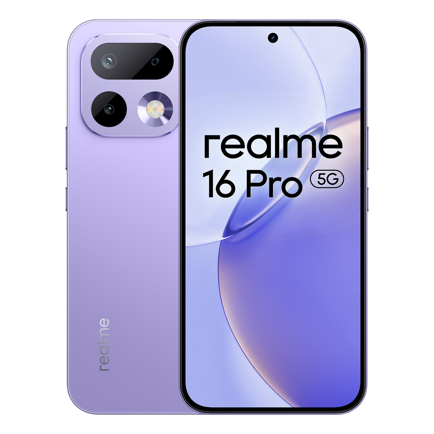 Smartphone Realme 16 Pro 5G morado, mostrando la parte delantera y trasera sobre fondo negro.