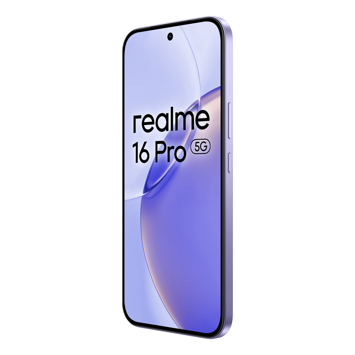Un smartphone Realme 16 Pro 5G morado sobre fondo negro con texto en la pantalla.