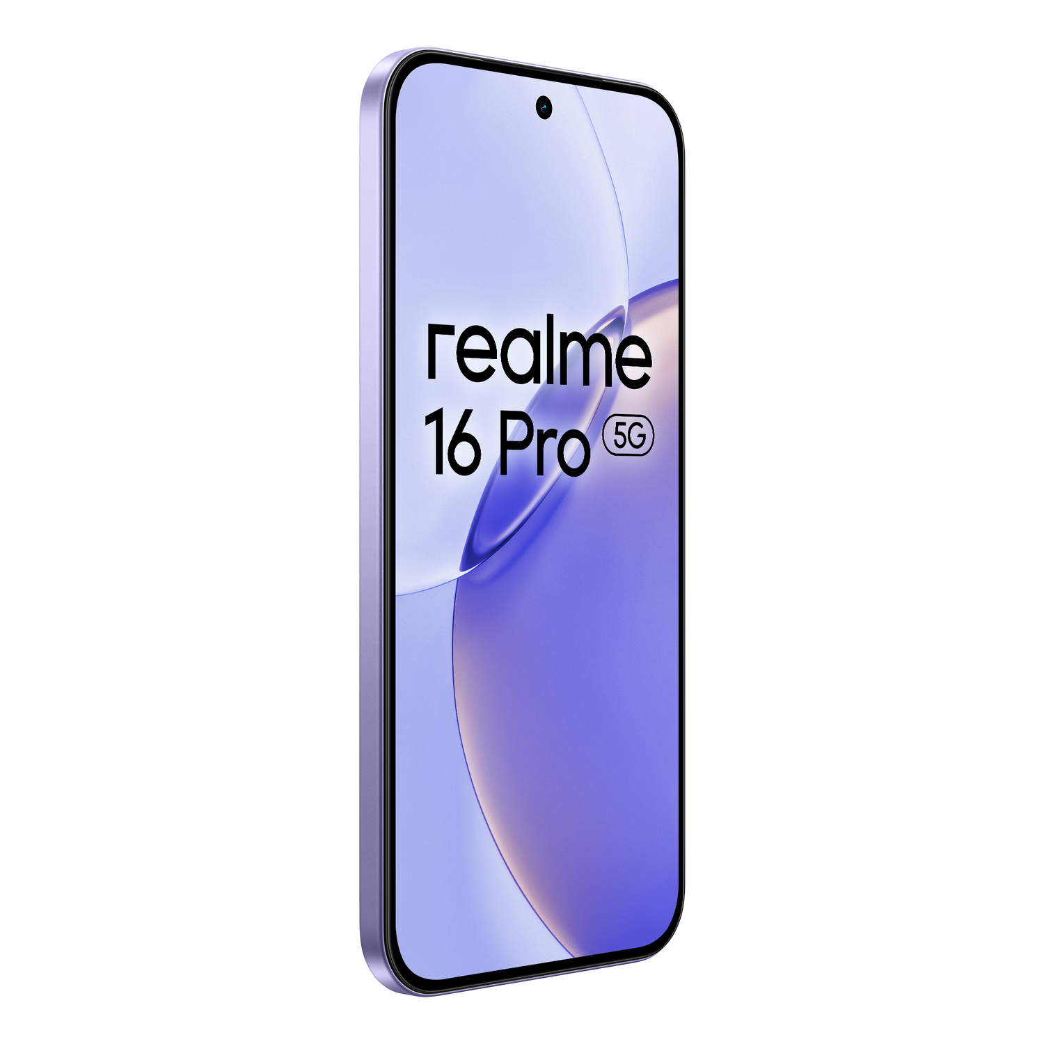 Un smartphone Realme 16 Pro 5G de color púrpura mostrado en ángulo contra un fondo negro liso.