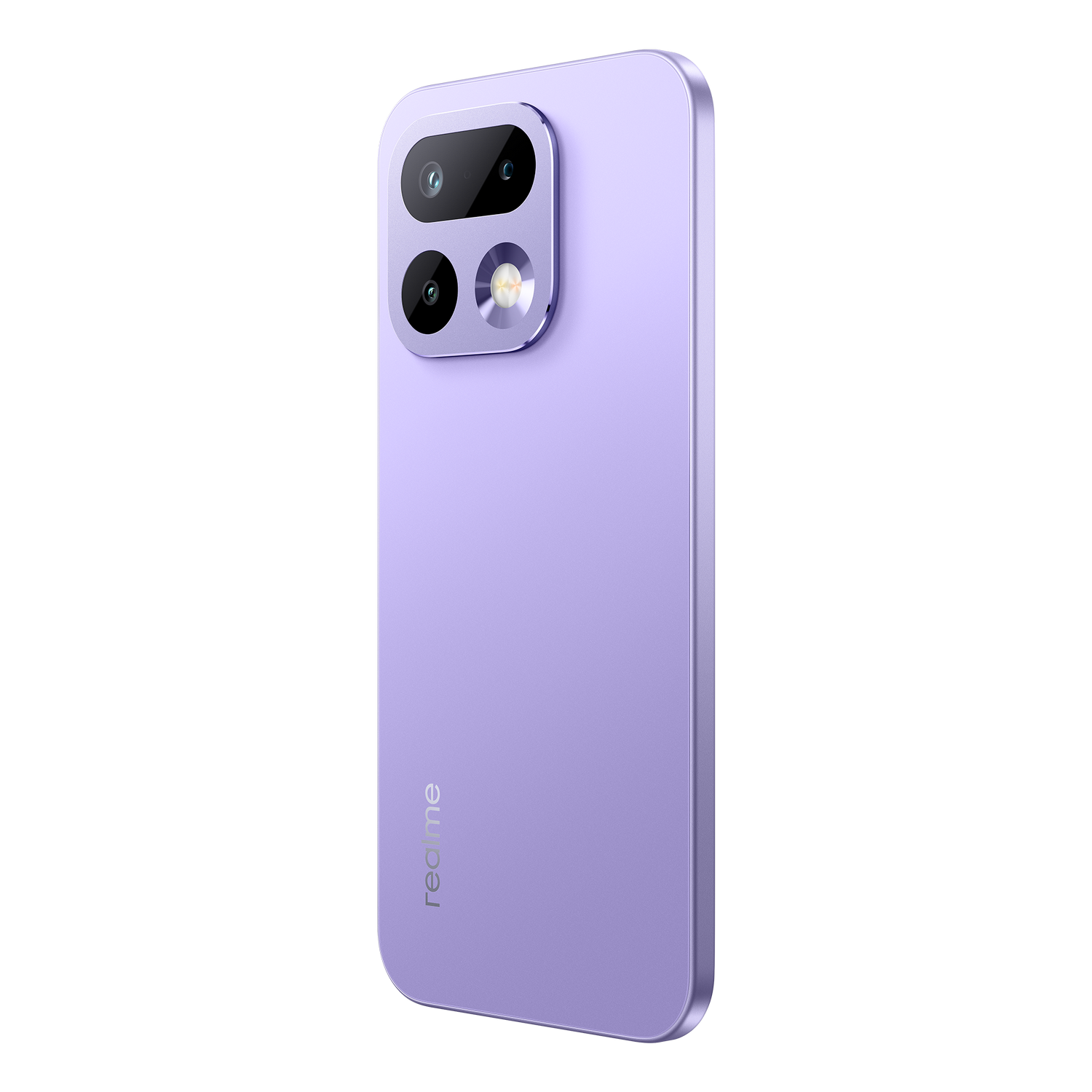 Parte trasera de un smartphone morado claro con módulo de cámara cuadrado sobre fondo negro.