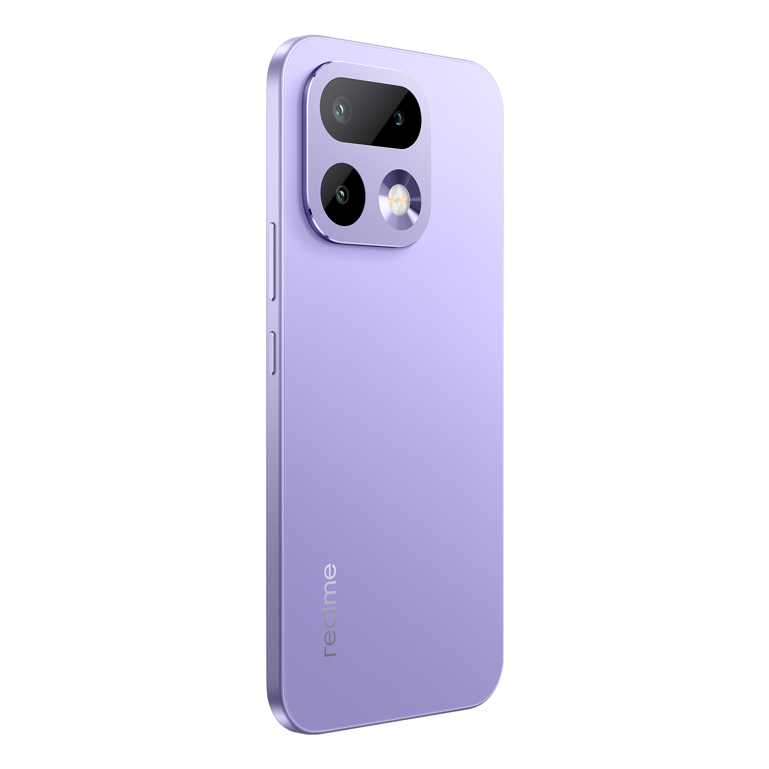 Parte trasera de un smartphone morado con doble cámara cuadrada y el logotipo de Realme sobre un fondo negro.