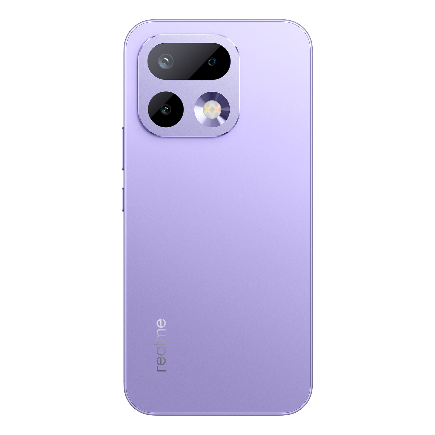 Parte trasera de un smartphone lila claro con módulo de cámara doble y el logotipo de Realme.