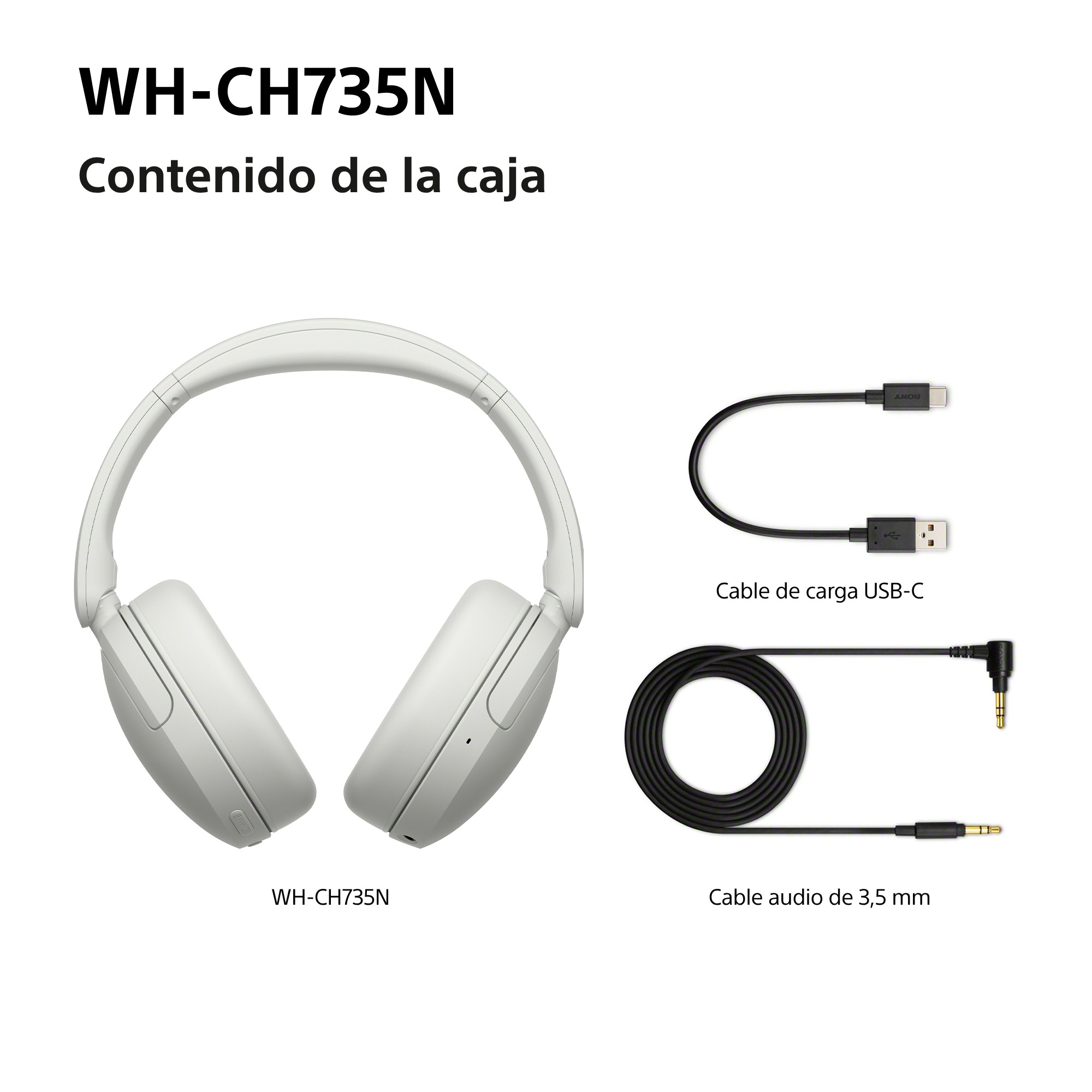 Contenido de la caja WH-CH735N, cable carga USB-C y Cable audio 3.5mm.