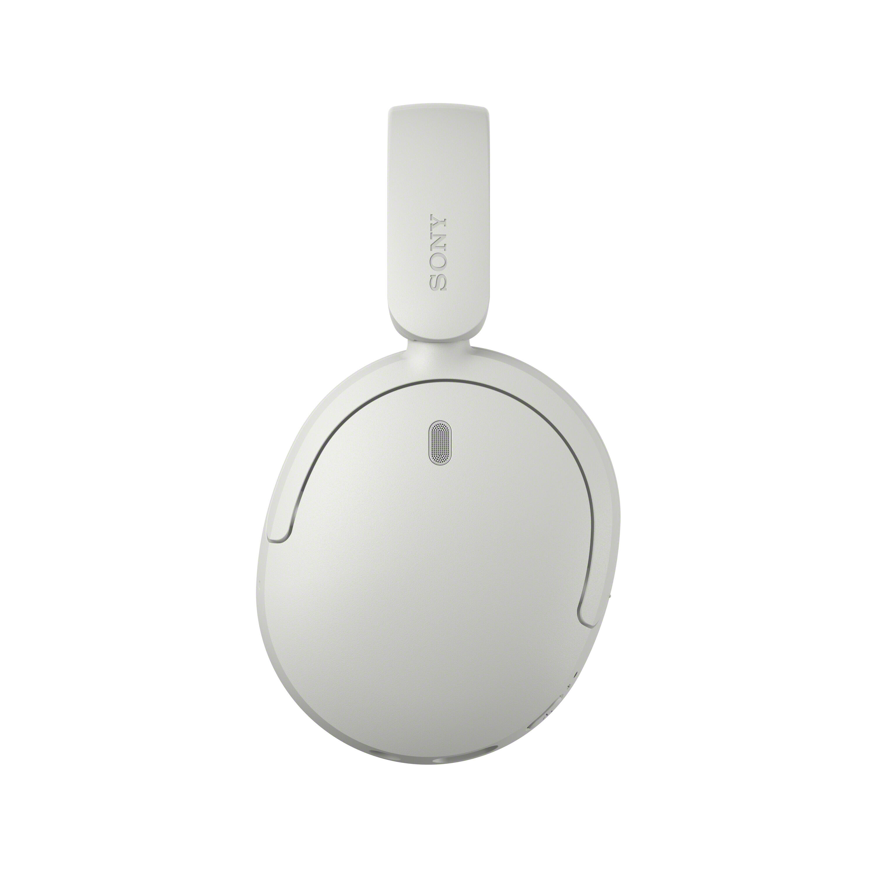 Auriculares supraaurales blancos Sony con micrófono sobre fondo blanco.