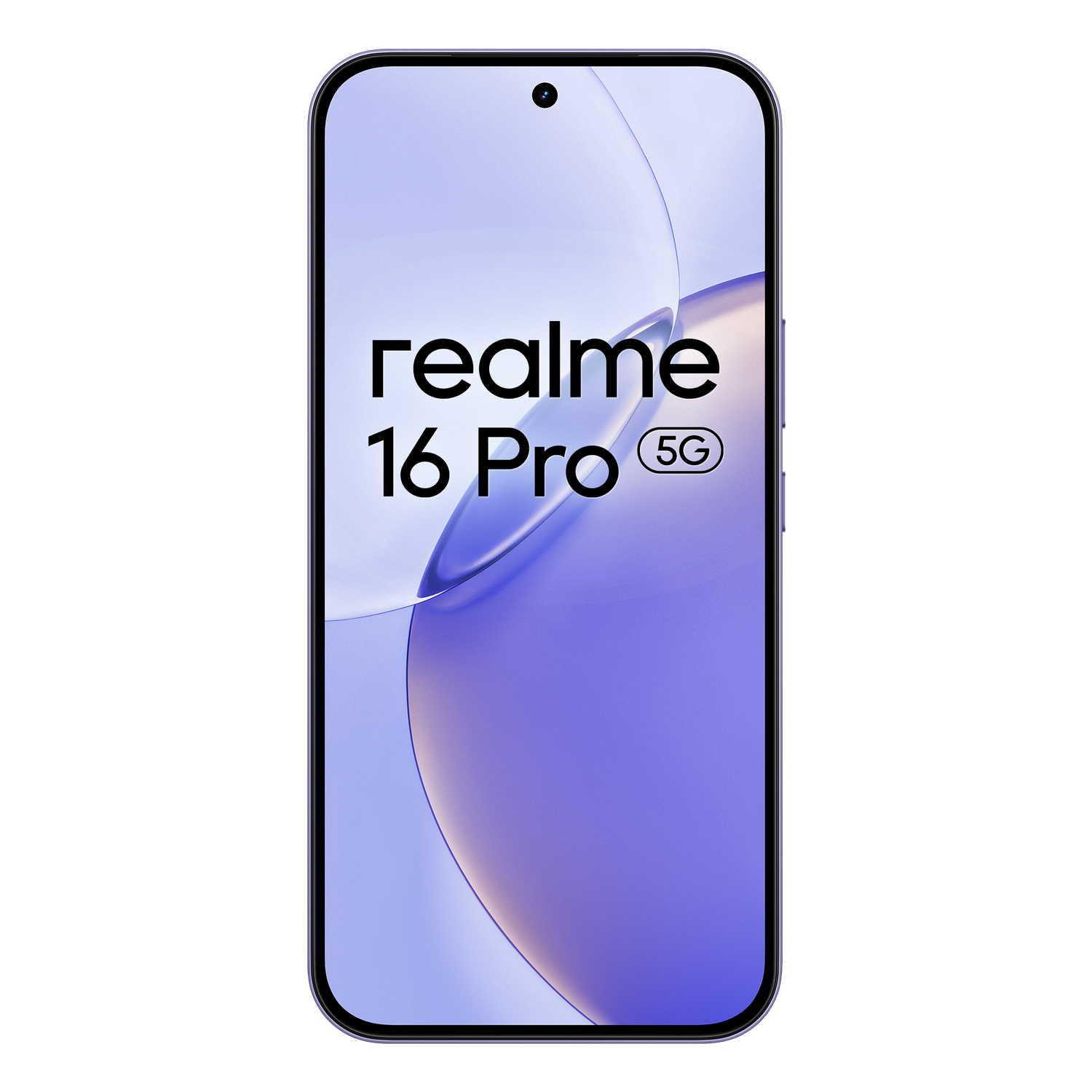Vista frontal del smartphone Realme 16 Pro 5G con fondo morado.