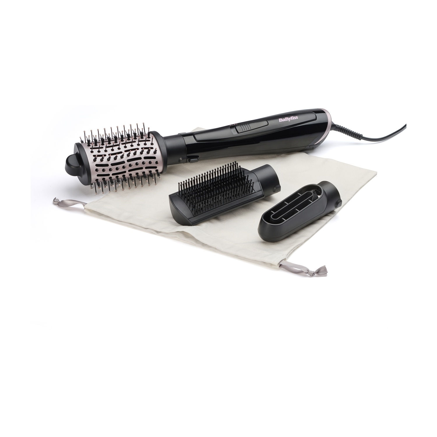 Modellatore ad aria calda BaByliss nero con accessori e custodia su sfondo bianco.