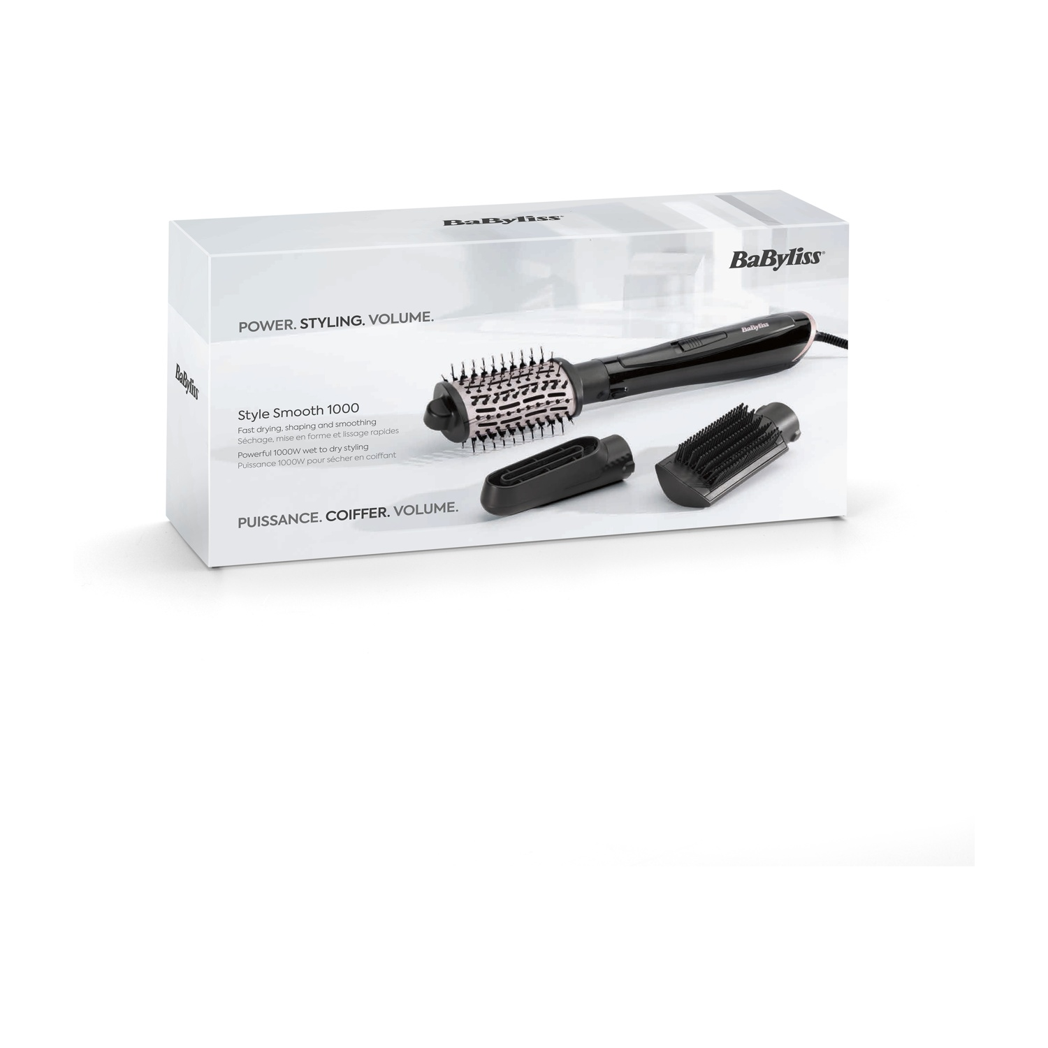 Spazzola ad aria calda Babyliss Style Smooth 1000 nella confezione con accessori su sfondo bianco.
