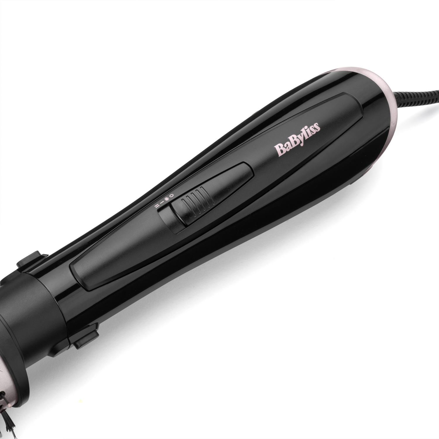 Manico per styler per capelli BaByliss nero lucido con interruttore su sfondo bianco.