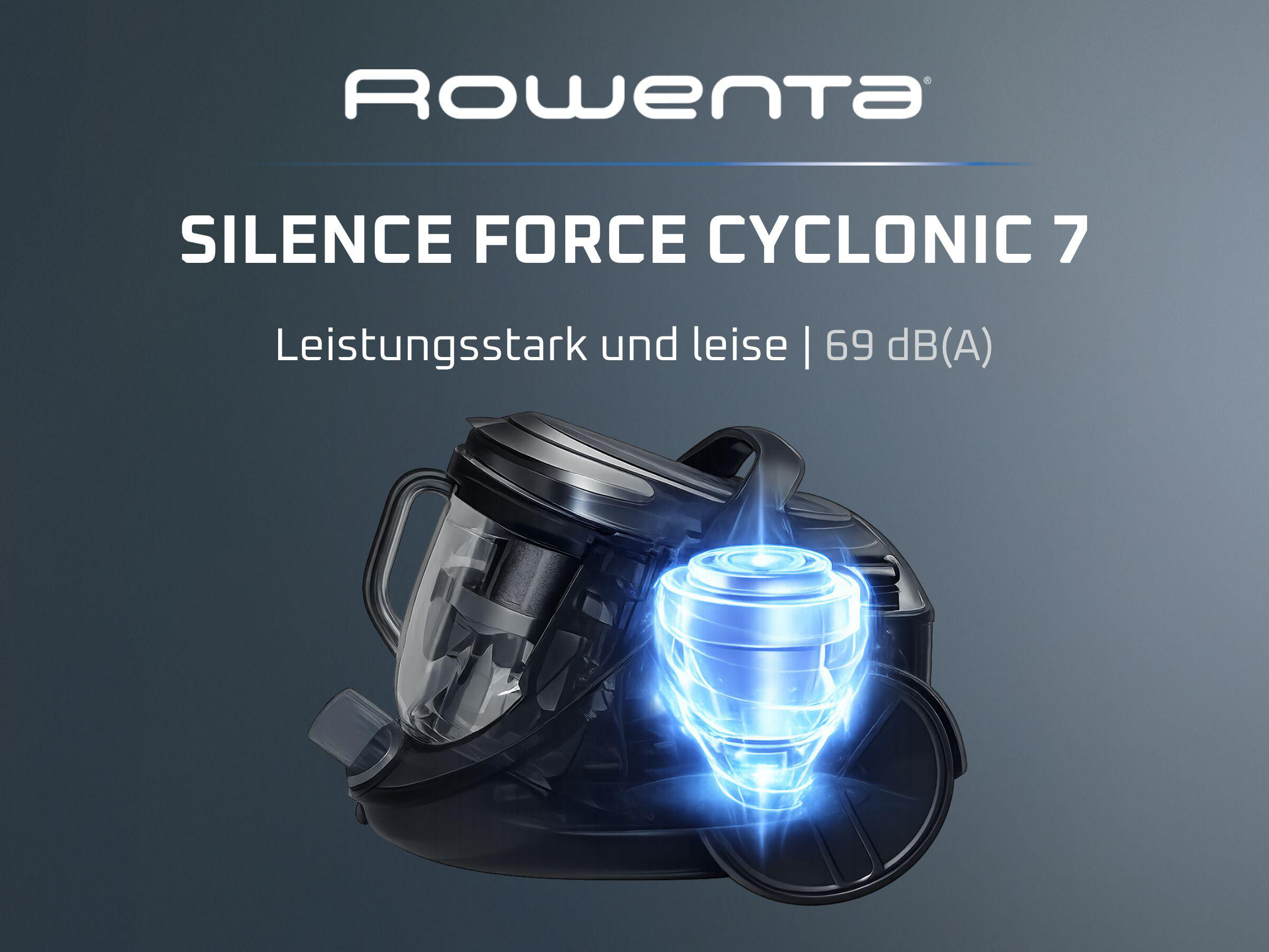 Rowenta Silence Force Cyclonic 7 Staubsauger mit blauer Wirbeleffekt-Grafik vor grauem Hintergrund.