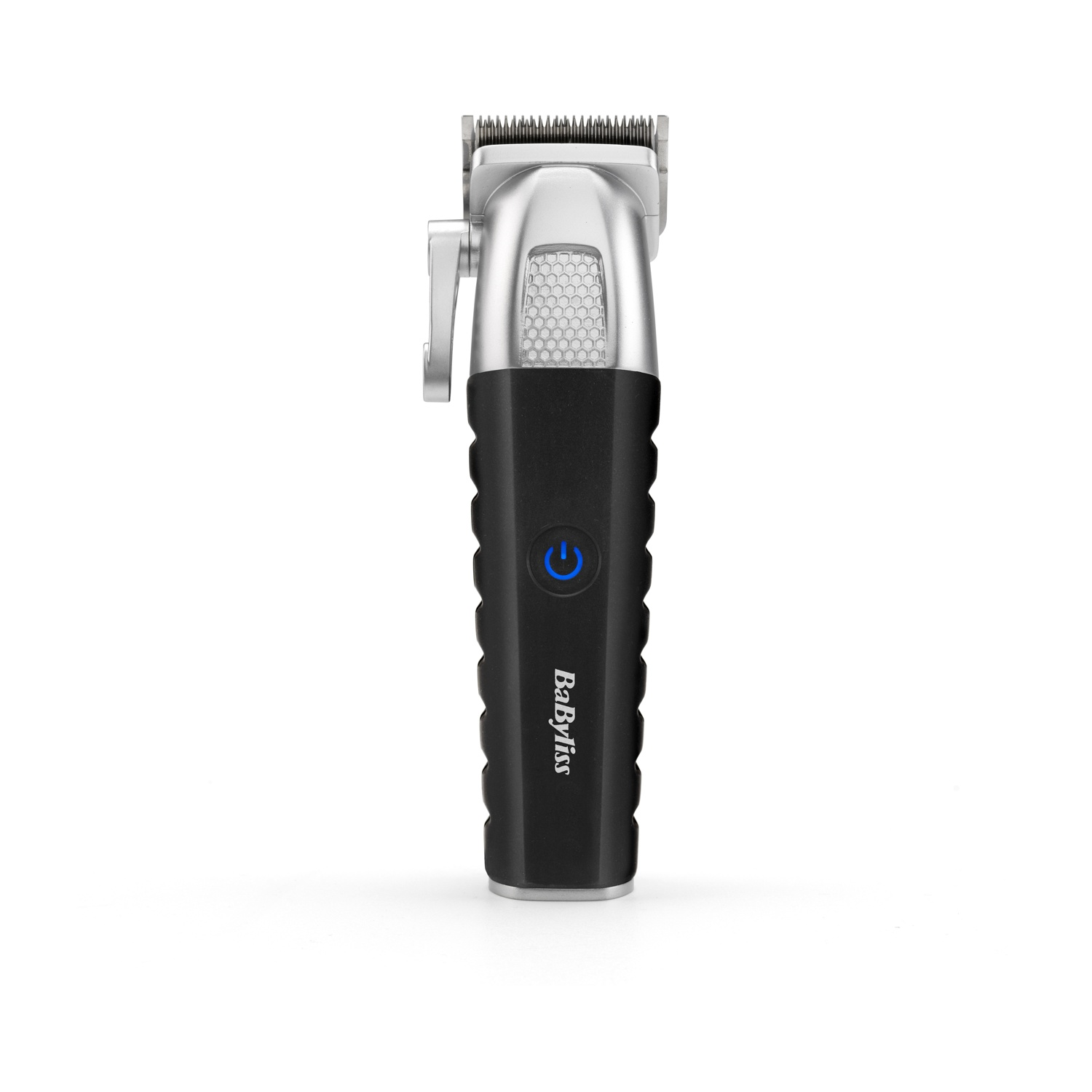Tagliacapelli BaByliss argento e nero con pulsante di accensione blu su sfondo bianco.