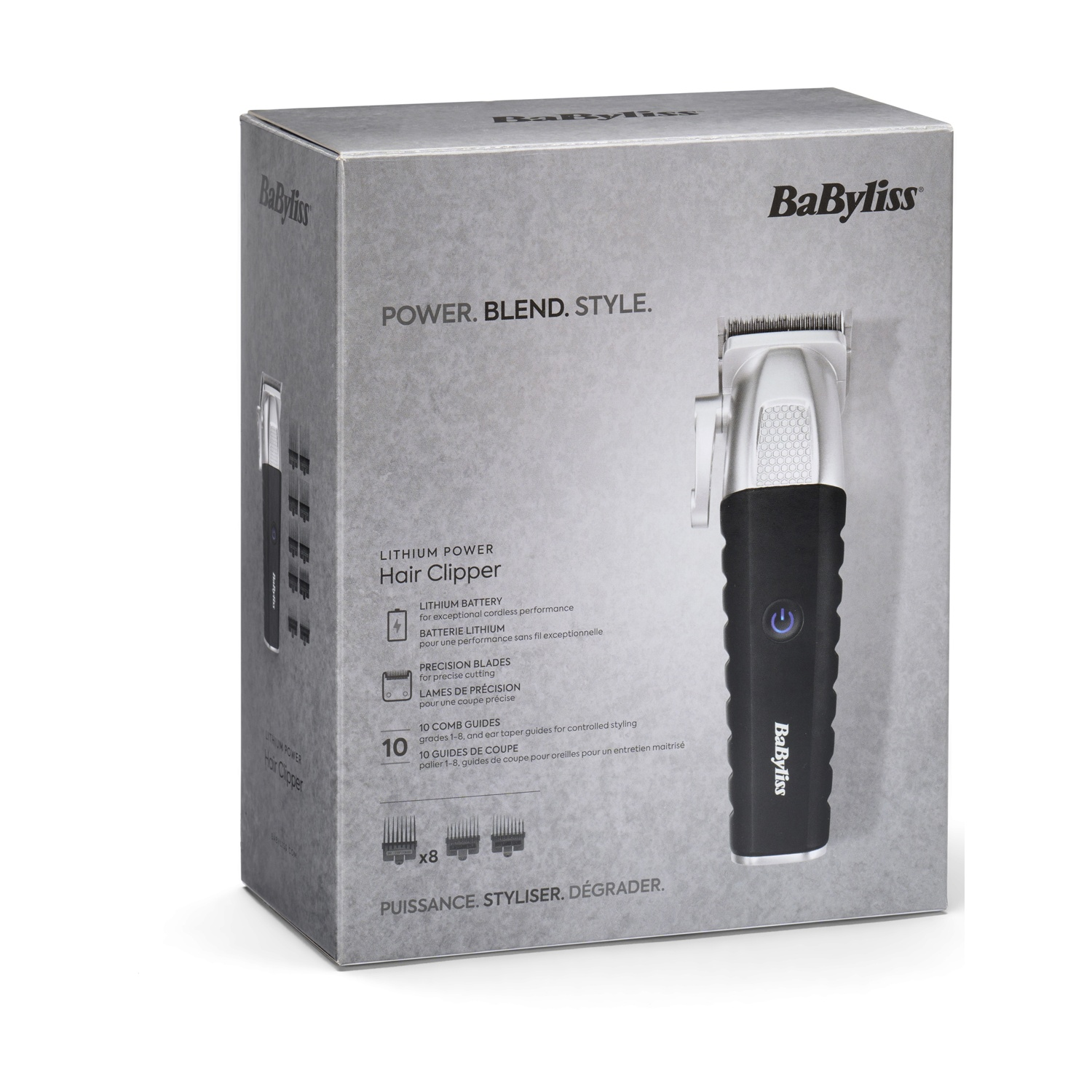 Confezione grigia di un tagliacapelli BaByliss che mostra il dispositivo e le caratteristiche.