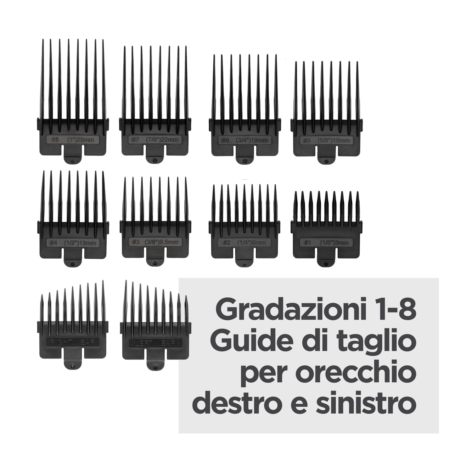Set di accessori neri per tagliapezzi di varie lunghezze e due pettini per orecchie.