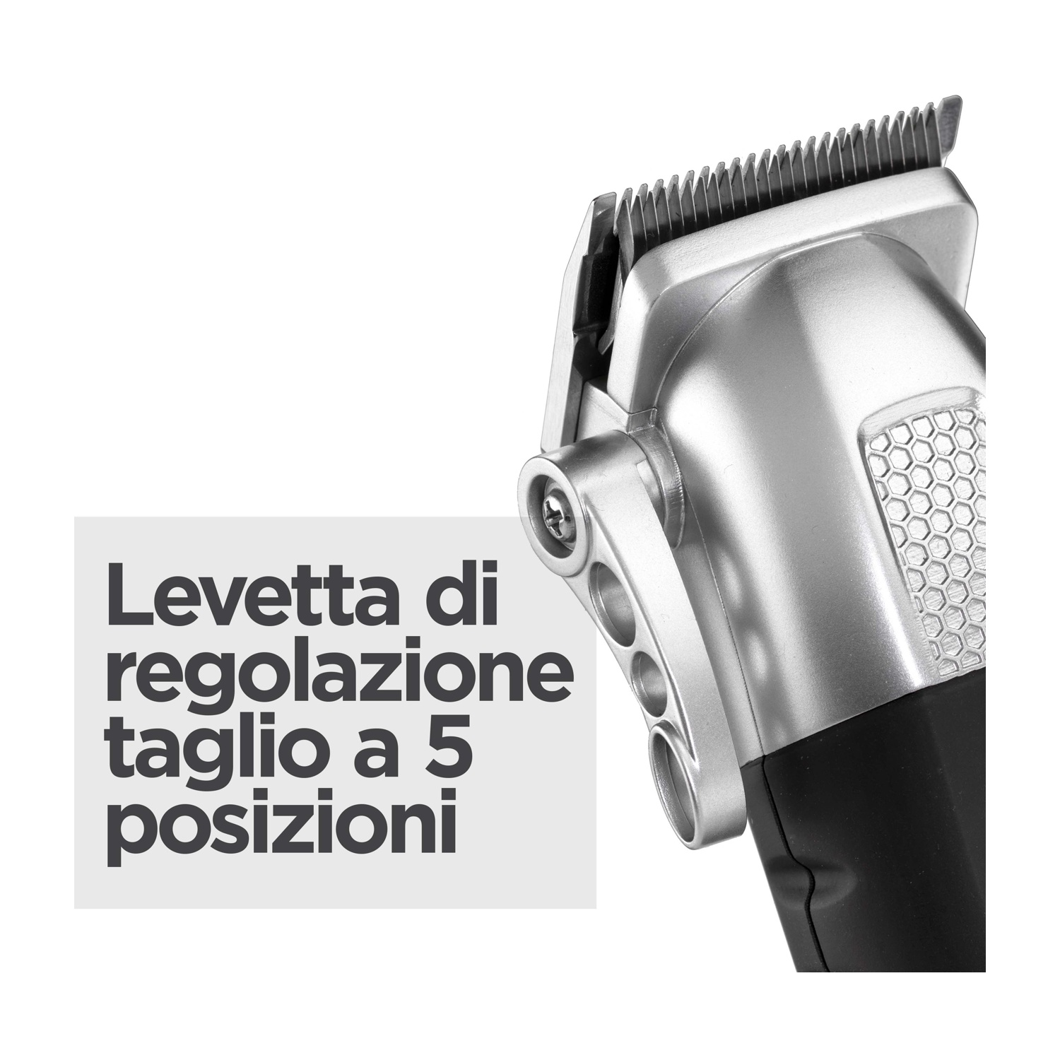 Primo piano di un tagliacapelli con testa argentata e levetta di regolazione laterale.
