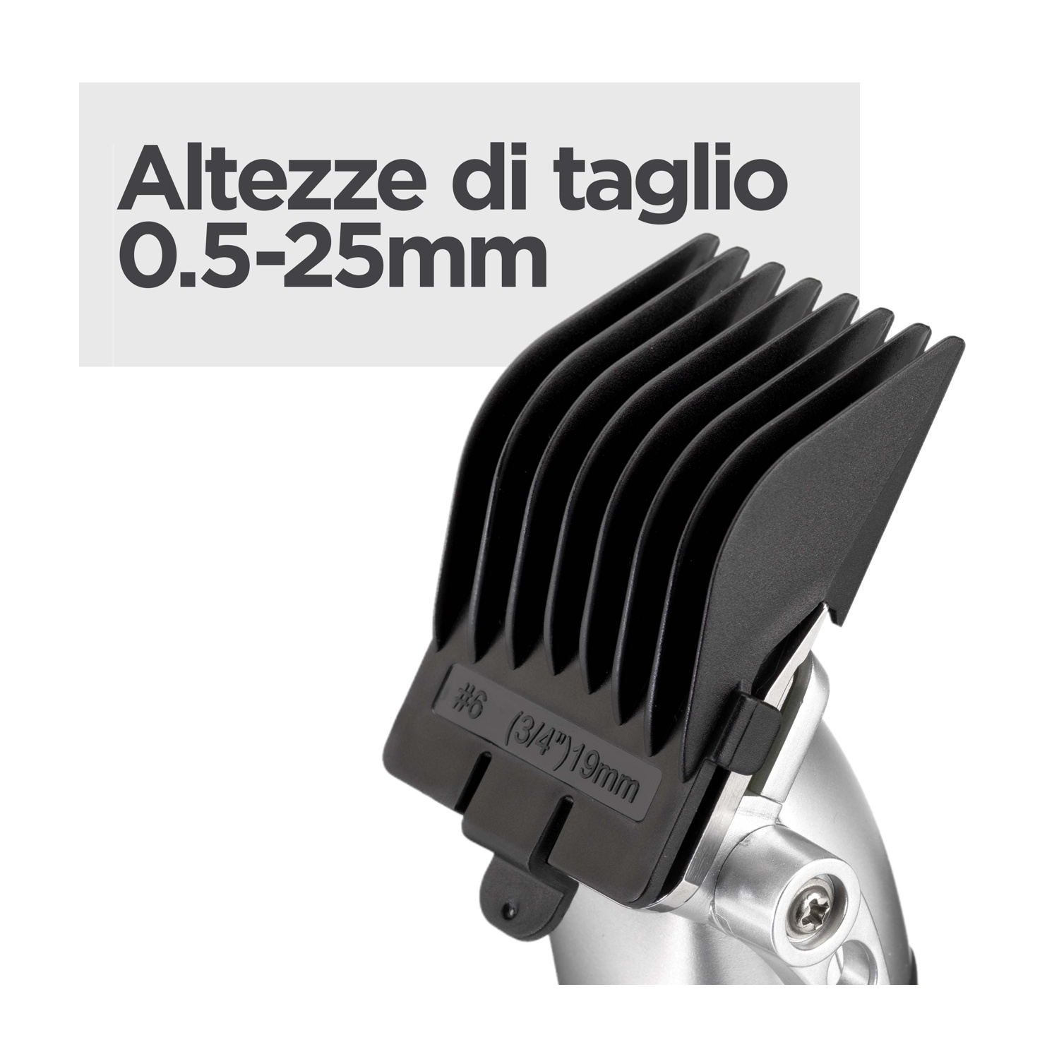 Tagliacapelli con rialzo e testo sullo sfondo.