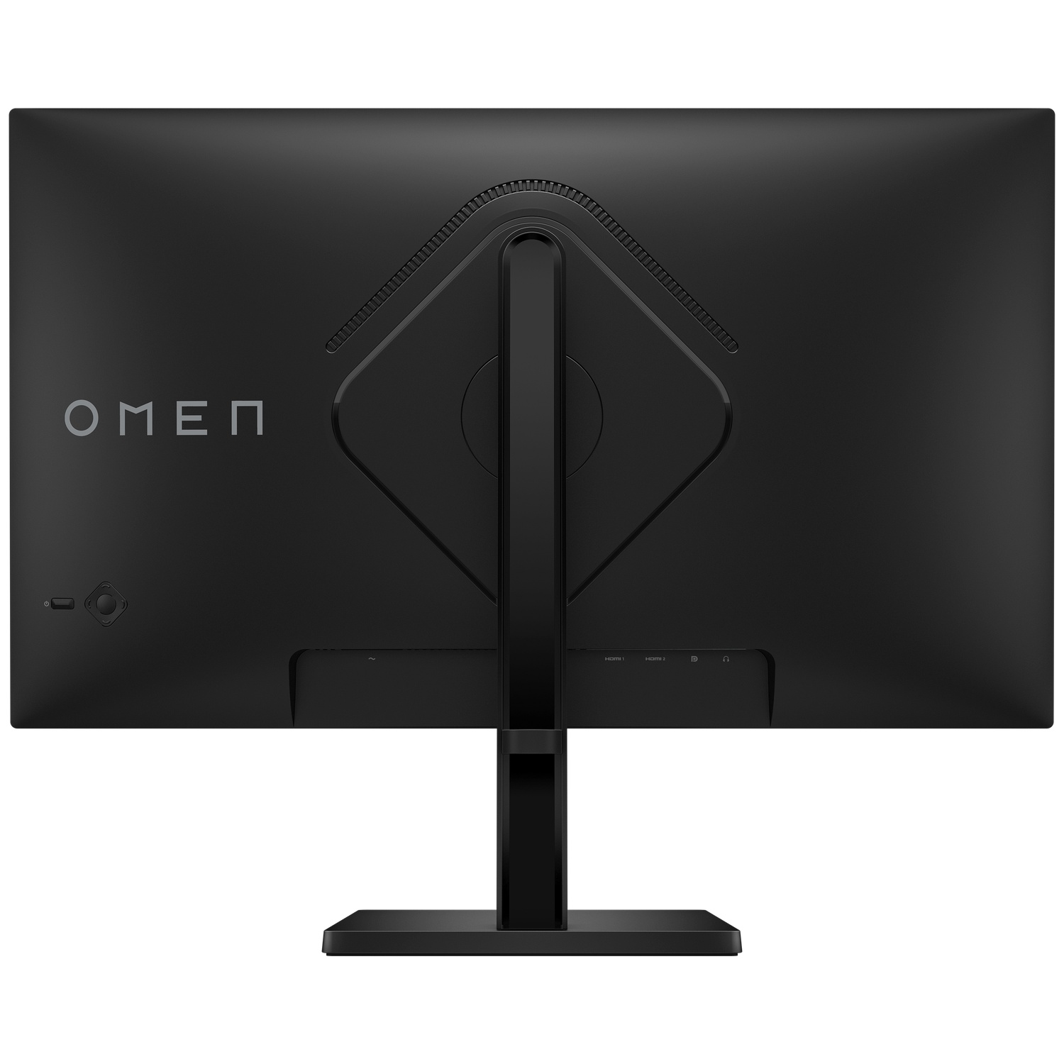 Vue arrière d'un moniteur noir HP Omen avec support et logo de la marque.