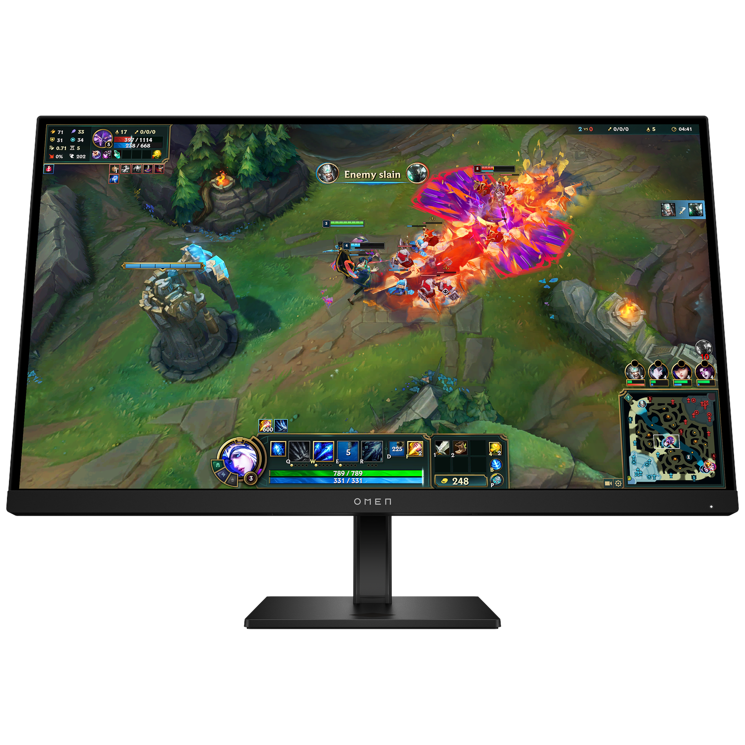Un moniteur Omen affiche une scène de bataille colorée et pleine d'action du jeu vidéo League of Legends.