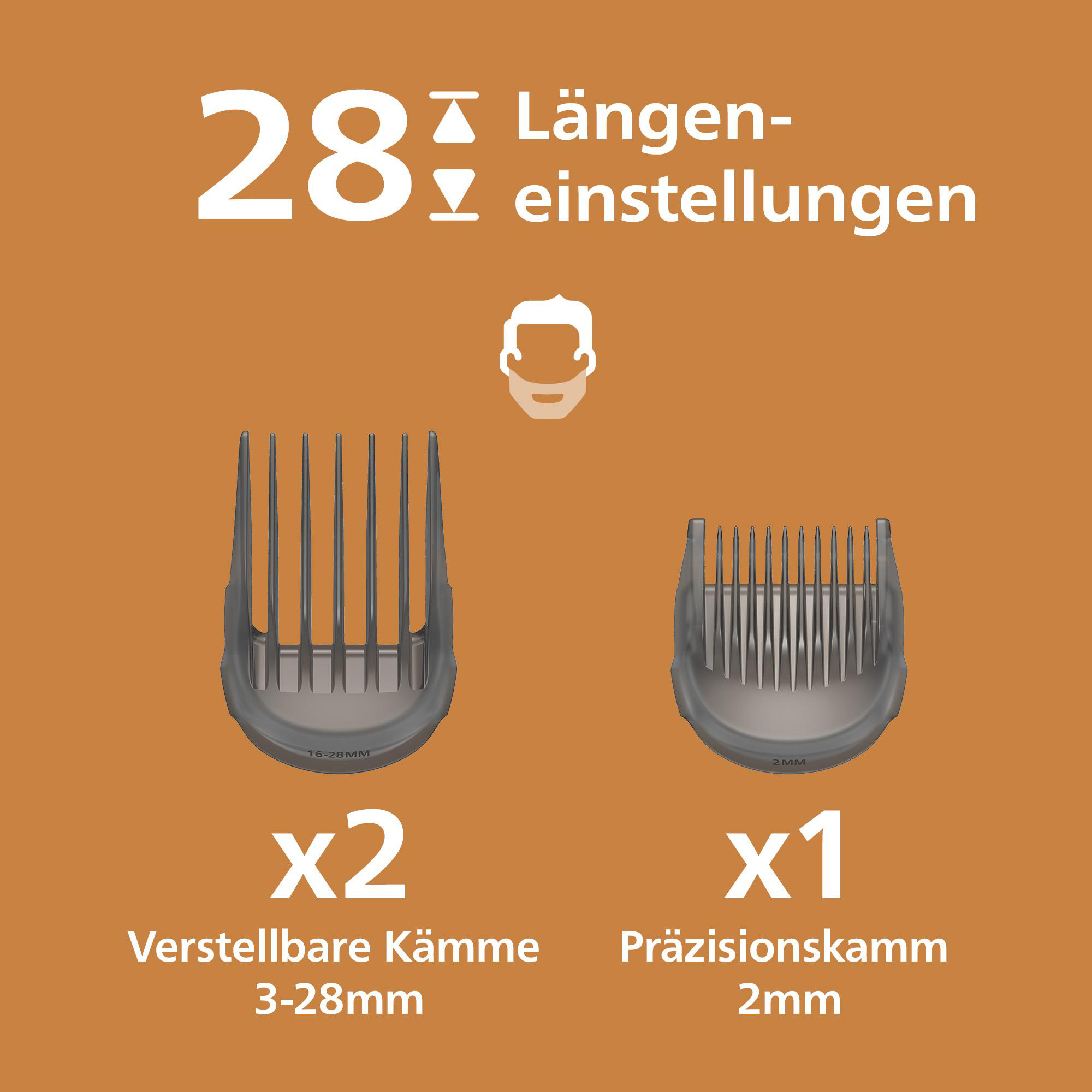 Zwei verstellbare Kämme und ein Präzisionskamm zum Barttrimmen auf braunem Hintergrund.