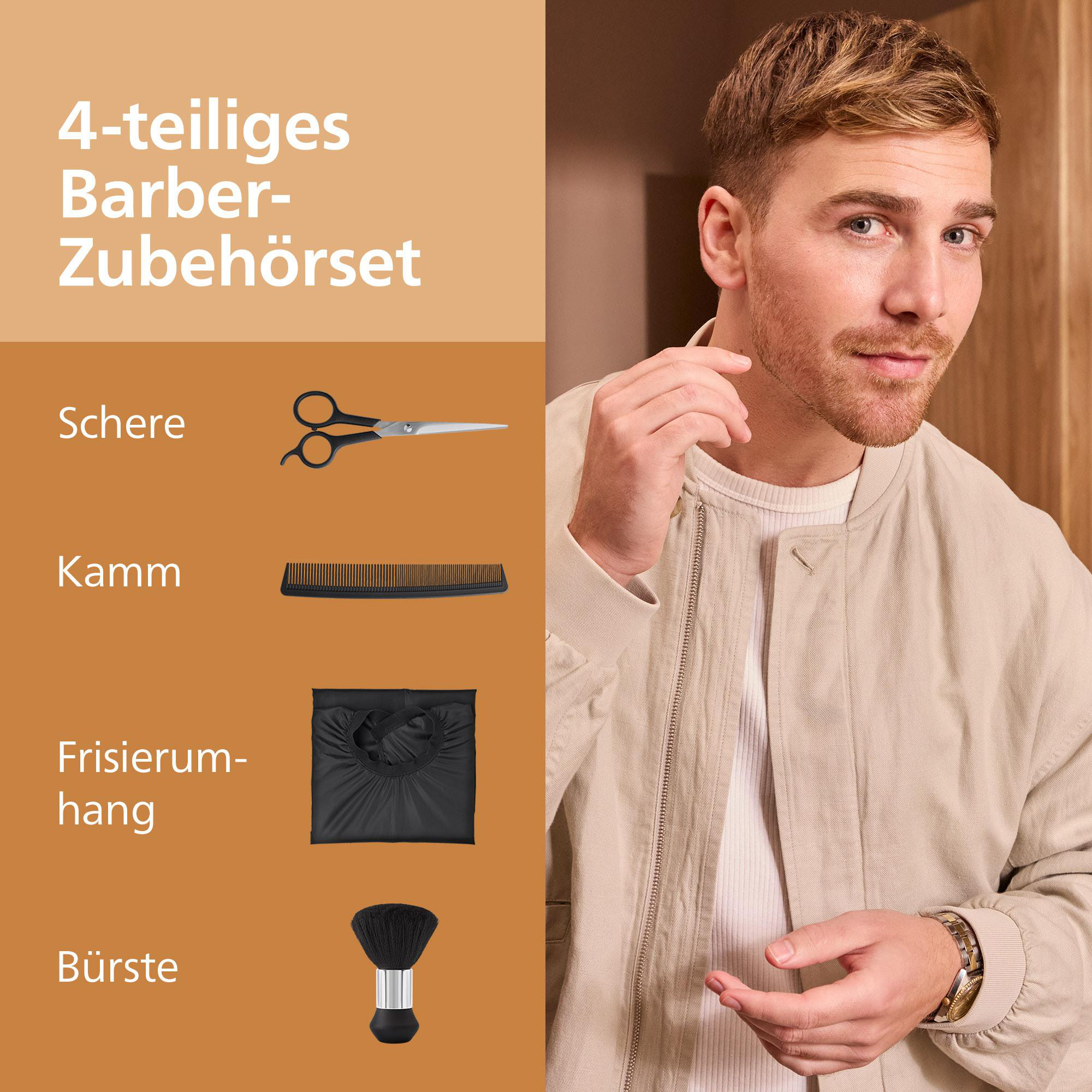 Ein 4-teiliges Barber-Zubehörset mit Schere, Kamm, Frisierumhang und Bürste, präsentiert neben einem Mann.