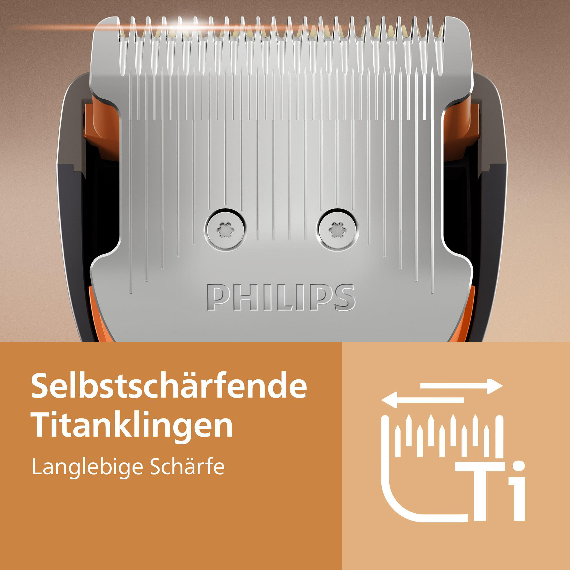 Nahaufnahme eines Philips Haarschneidemaschinen-Scherkopfes mit Titanklingen.