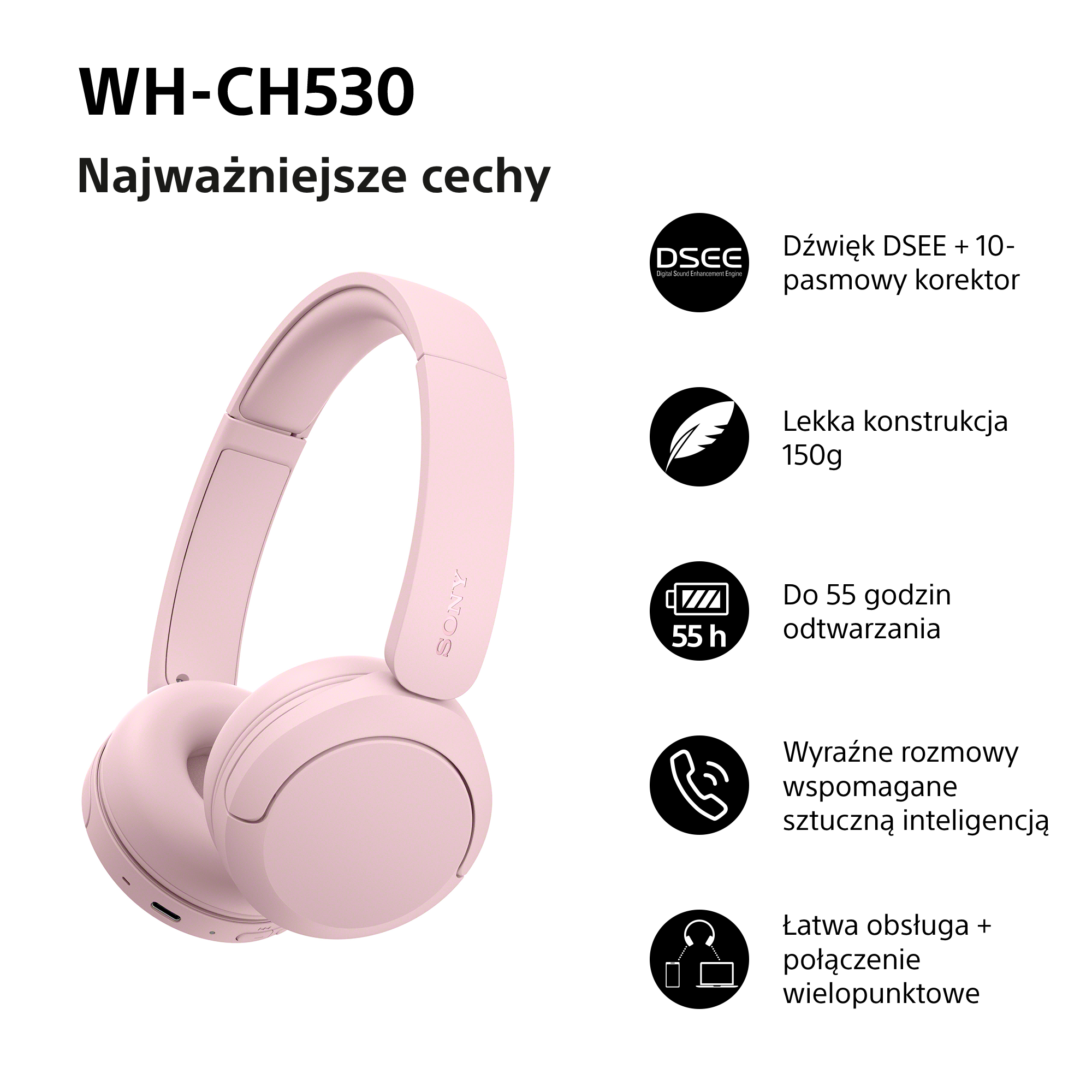 Rozowe sluchawki bezprzewodowe Sony WH-CH520 z ikonami funkcji po prawej stronie na bialym tle.