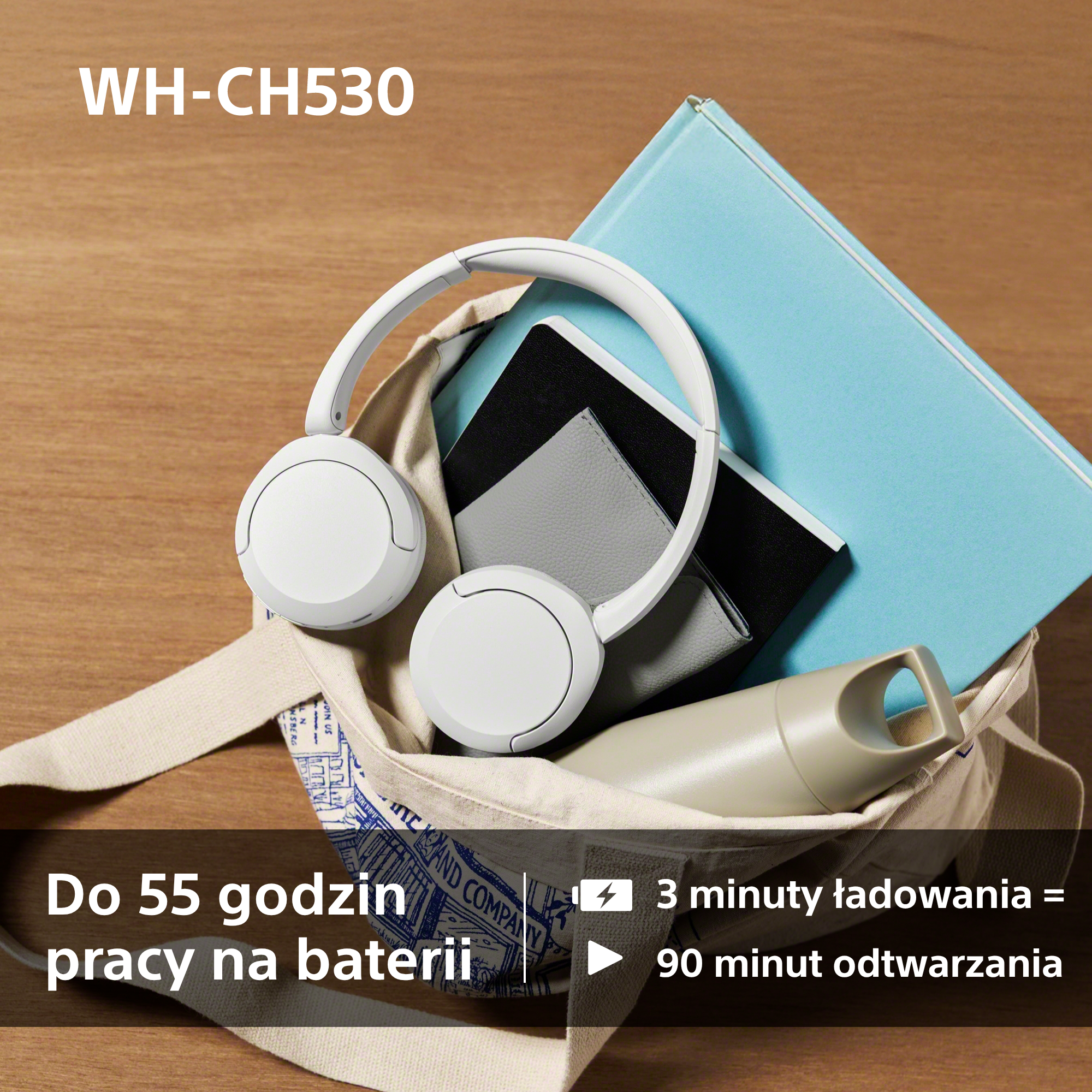 Białe słuchawki, niebieska książka, notesy i butelka w materiałowej torbie na drewnianym blacie.