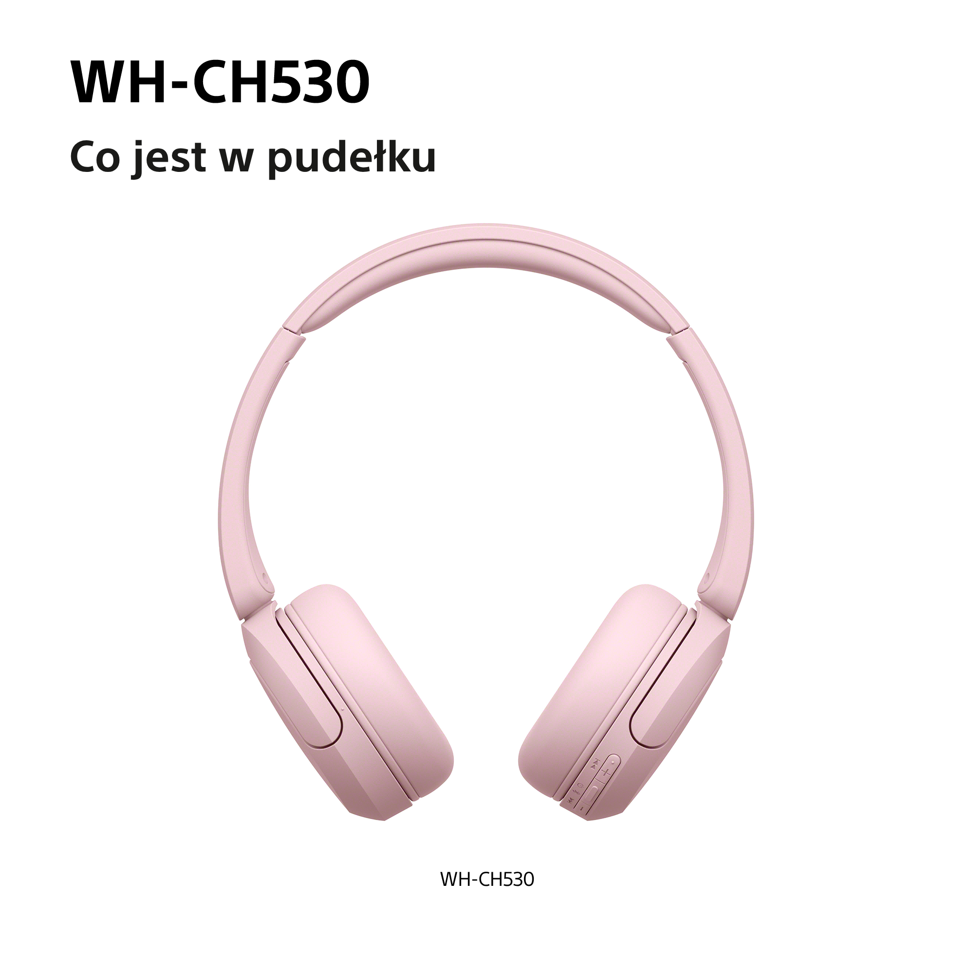 Różowe bezprzewodowe słuchawki nauszne z elementami sterującymi i napisem WH-CH530 w lewym górnym rogu.