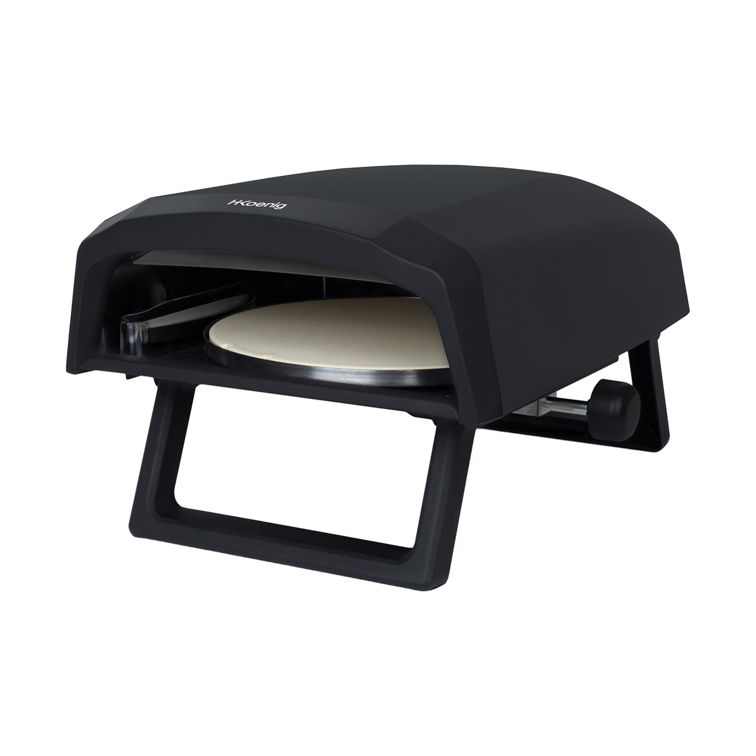 Un forno per pizza H.Koenig nero con una pietra refrattaria rotonda su gambe pieghevoli su sfondo bianco.
