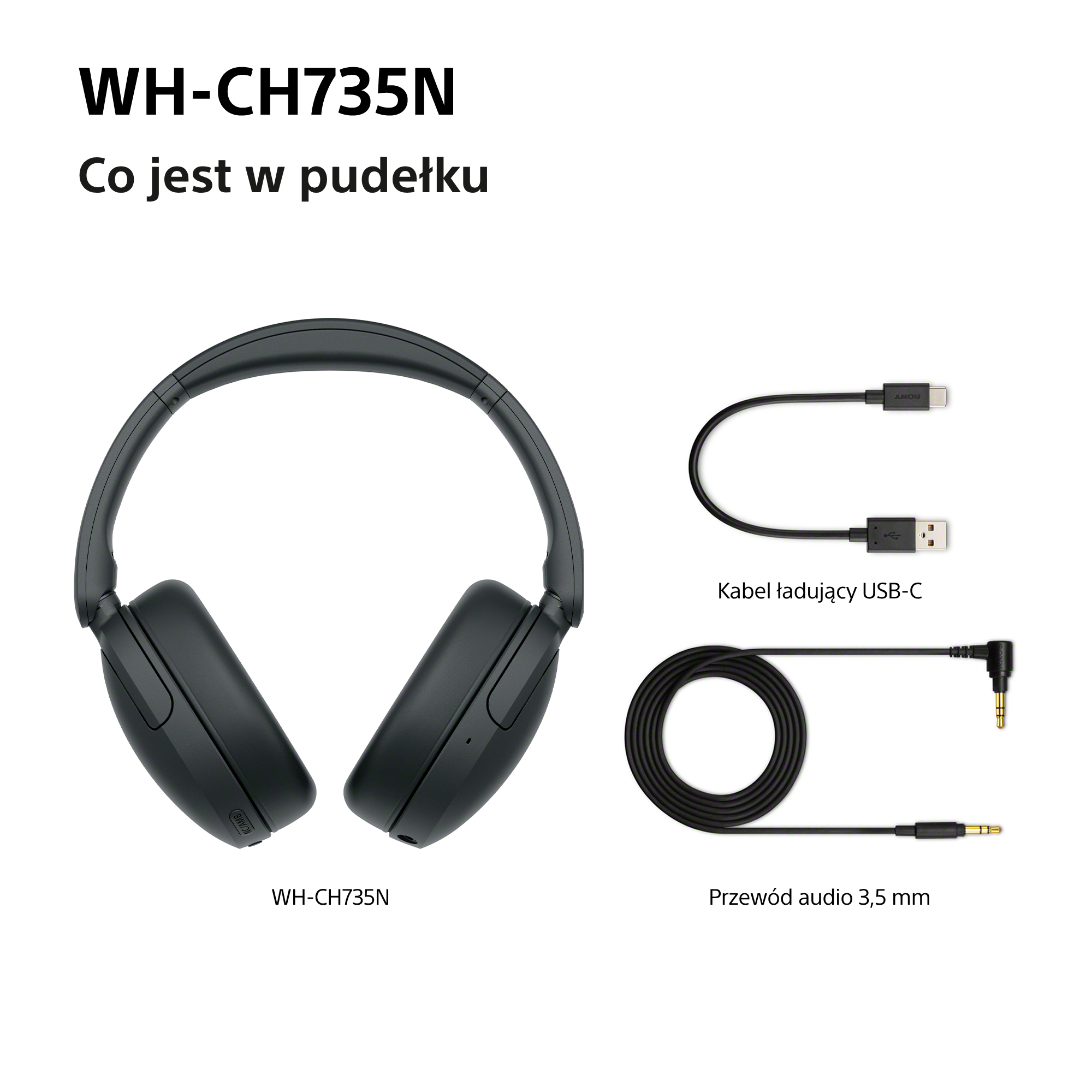Czarne słuchawki, kabel ładujący USB-C oraz kabel audio 3,5 mm pokazane na białym tle.