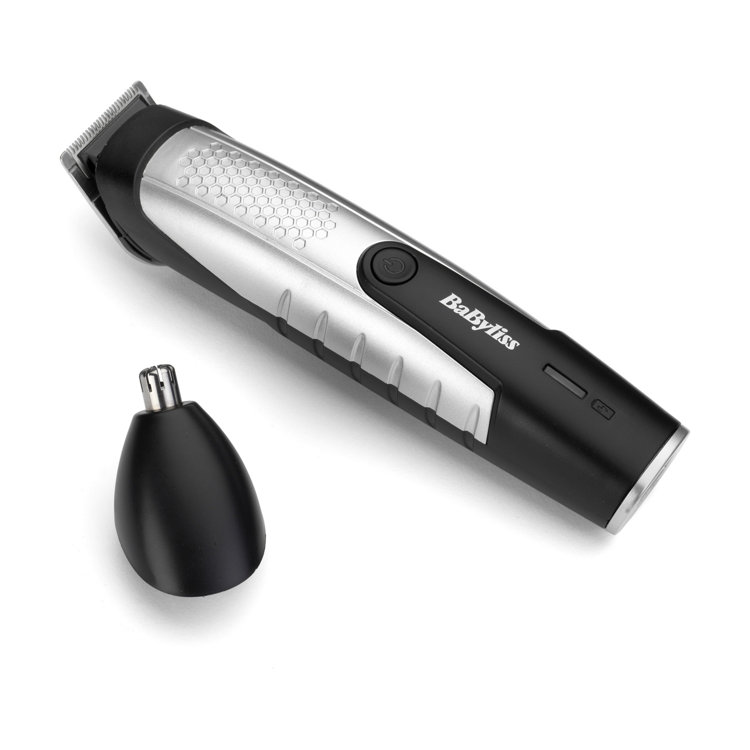 Tagliacapelli BaByliss nero e argento con accessorio per naso su sfondo bianco.