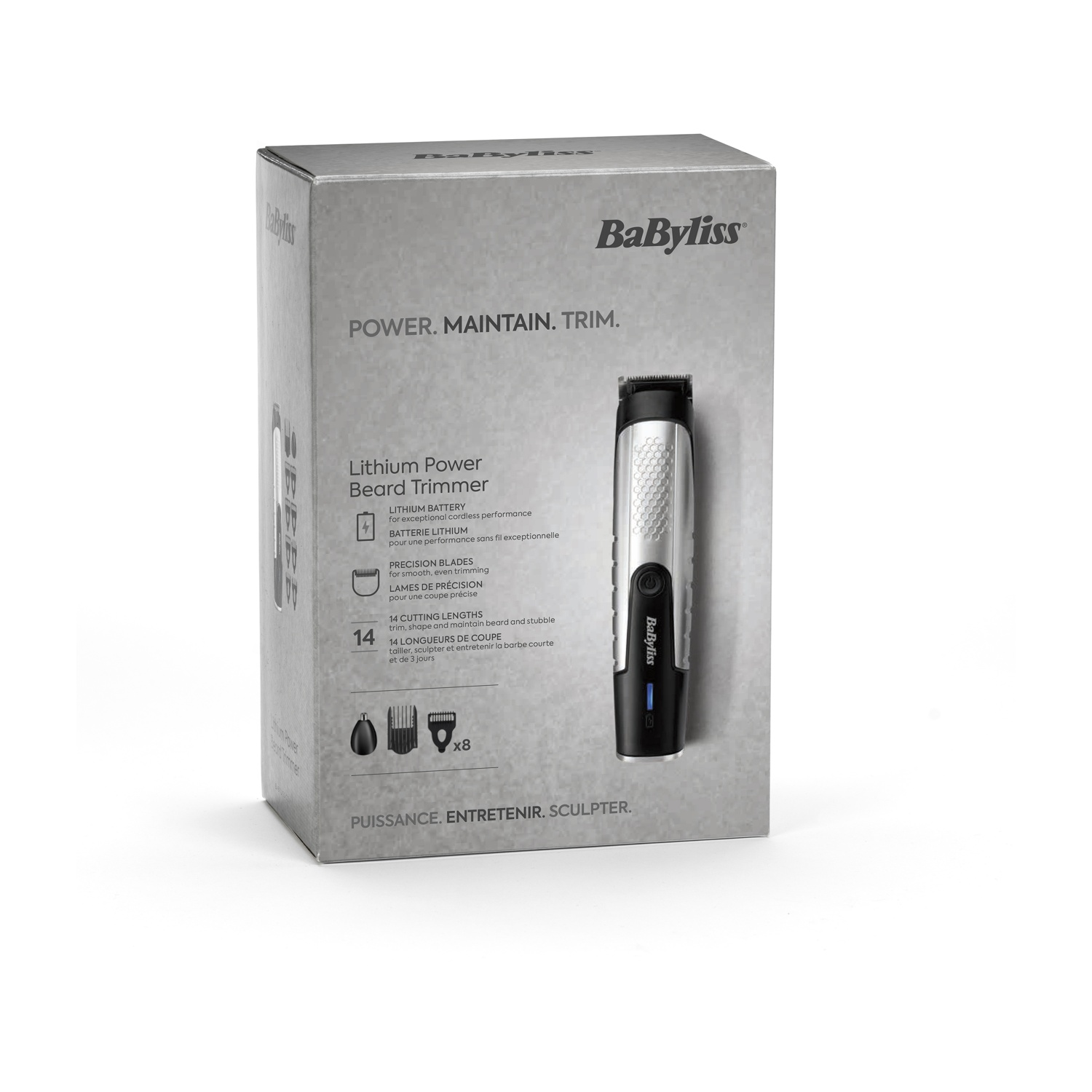 Confezione grigia del regolabarba BaByliss Lithium Power con immagine del dispositivo e testo sulla parte anteriore.