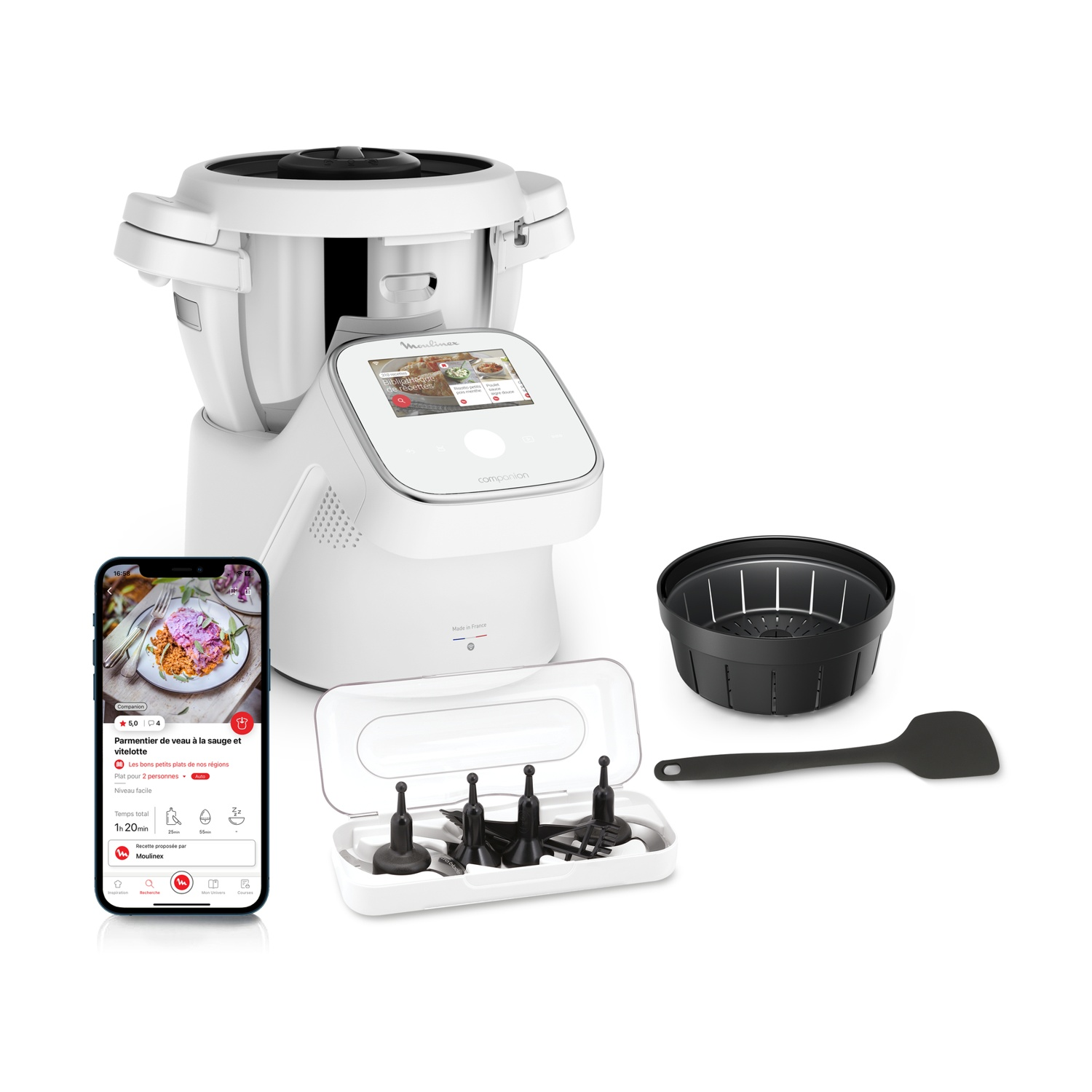 Robot da cucina bianco Moulinex con smartphone, accessori e cestello nero su sfondo bianco.
