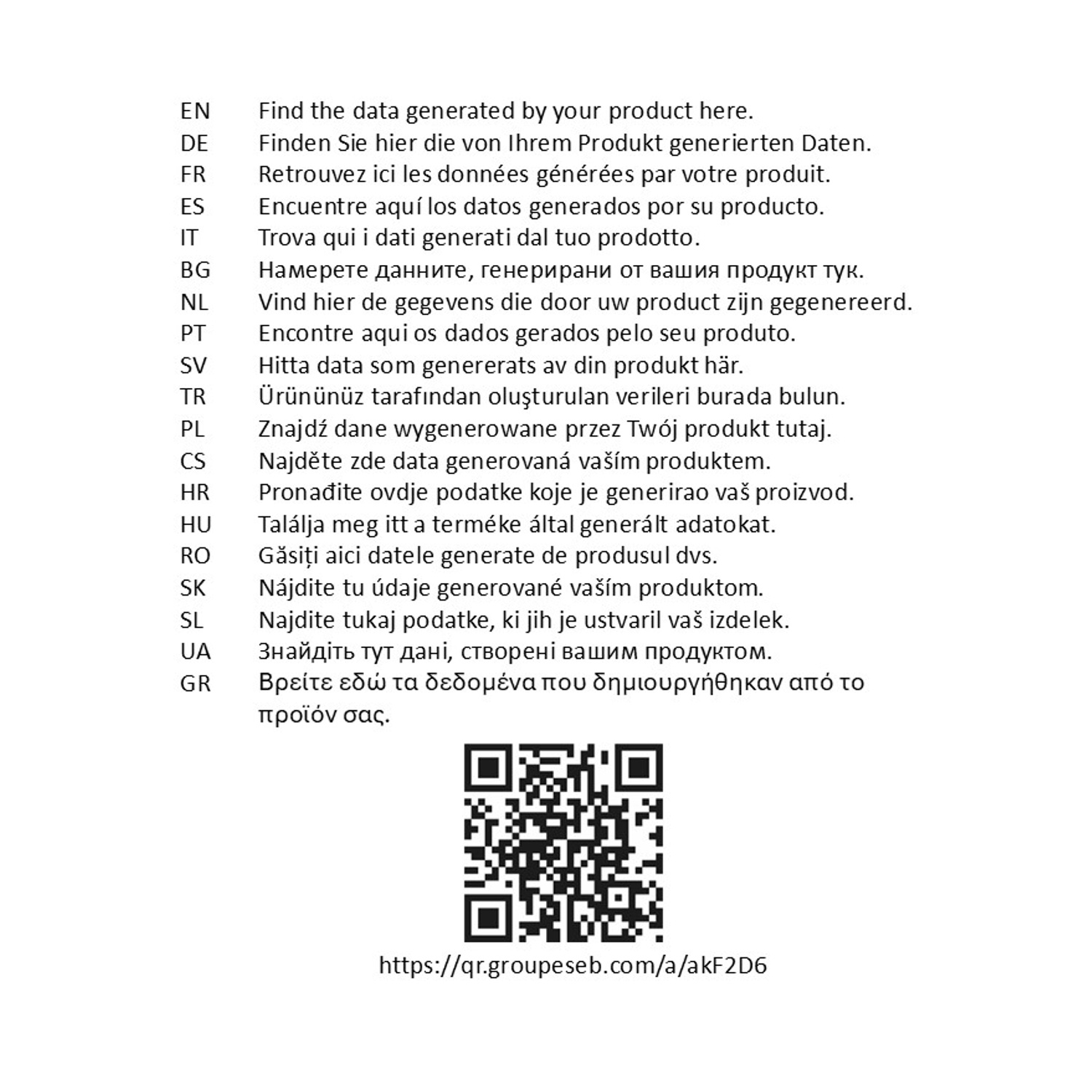 Codice QR e testo multilingue per dati di prodotto.