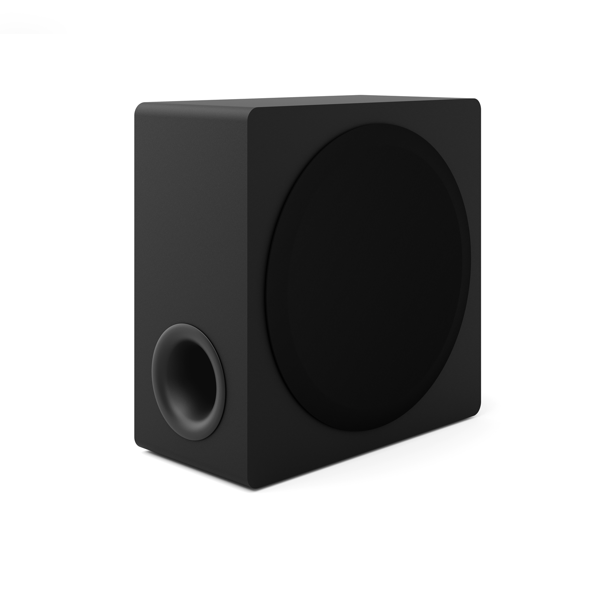 Un altavoz de subgraves negro con un gran altavoz redondo y puerto bass reflex sobre fondo blanco.